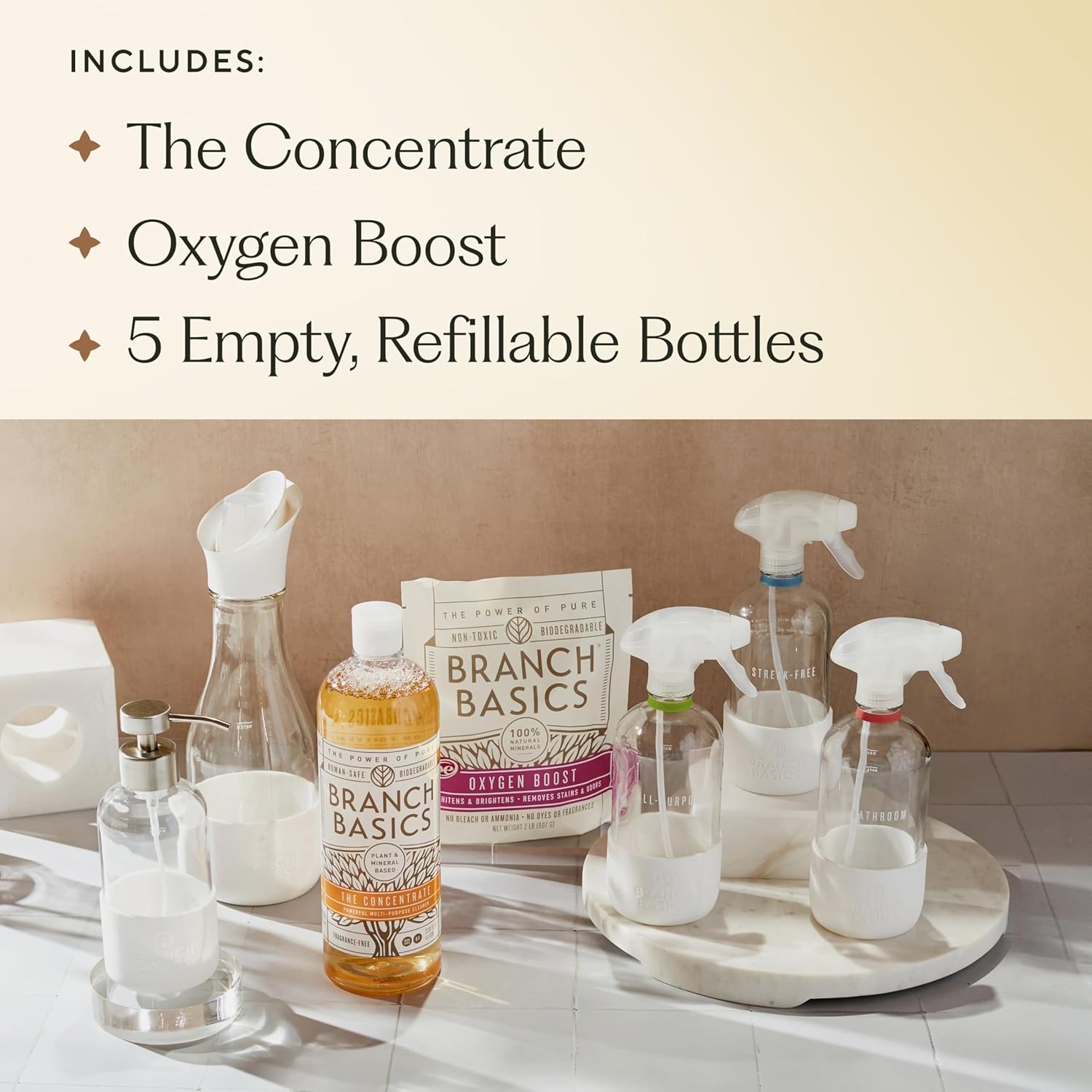 Branch Basics Premium Starter Kit in Glass: All Purpose Cleaner, Glass Cleaner, Bathroom Cleaner, Wash Bottle, and Laundry Bottle (3 Glass Spray Bottles + Concentrate) Fragrance-Free