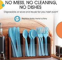 Vista 5 de Exquisite Tenedores de plástico azul claro, 50 piezas, tenedores azul claro, utensilios desechables, juego de cubiertos de plástico resistente
