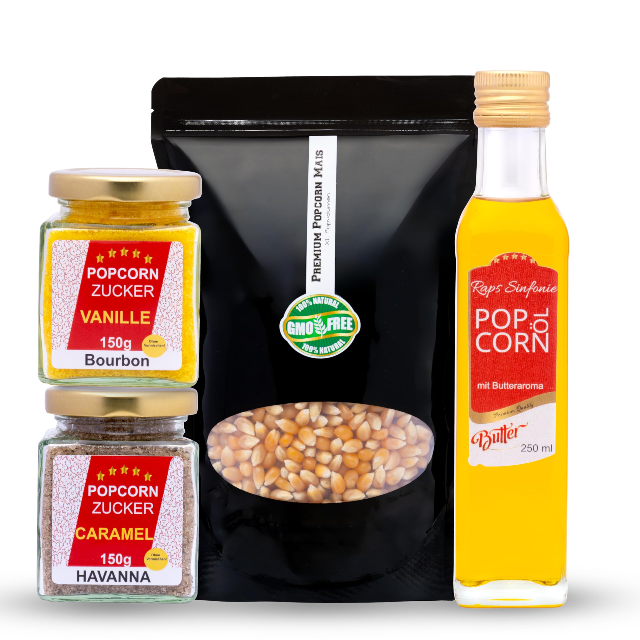 Hopser Food Fun Partyset 500g Popcornmais,250ml Popcornöl mit Butteraroma,150g Popcorn-Zucker Vanille und 150g Karamellzucker Popcornset für Popcornmaschine