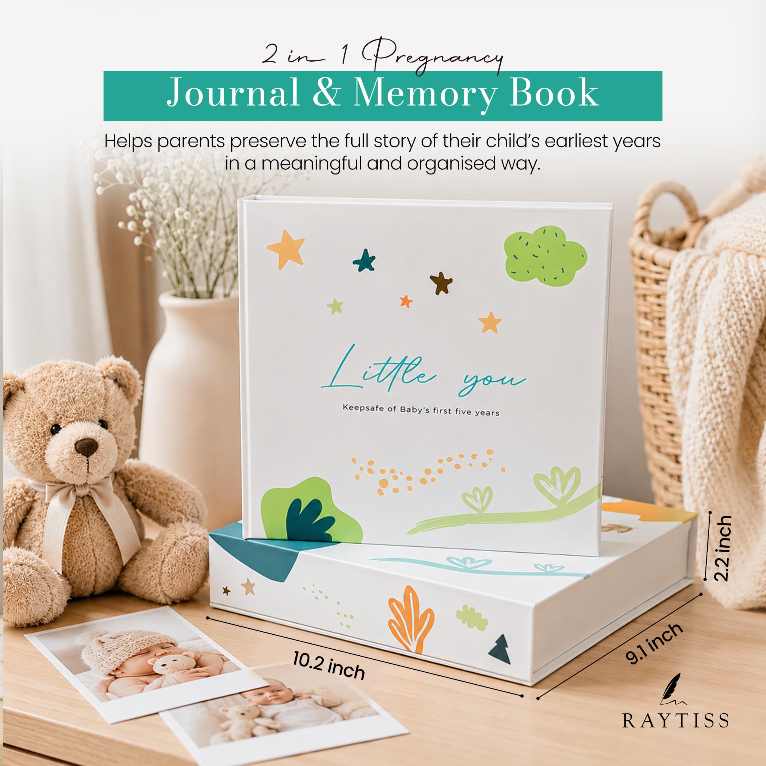 Babybücher Andenken - Schwangerschaftstagebuch und Erinnerungsbuch Scrapbook Album Neugeborene bis 5 Jahre - Fotobuch Taschen, Geschenkbox & Brief zum Öffnen bei 21 - Baby Geschenk für Jungen