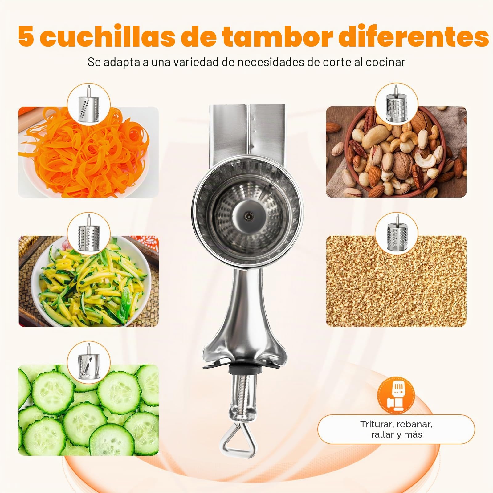 Molinillo manual de frutos secos con 5 hojas desmontables, molinillo de almendras, rallador de nueces, maíz, especias, queso, pepino, zanahoria
