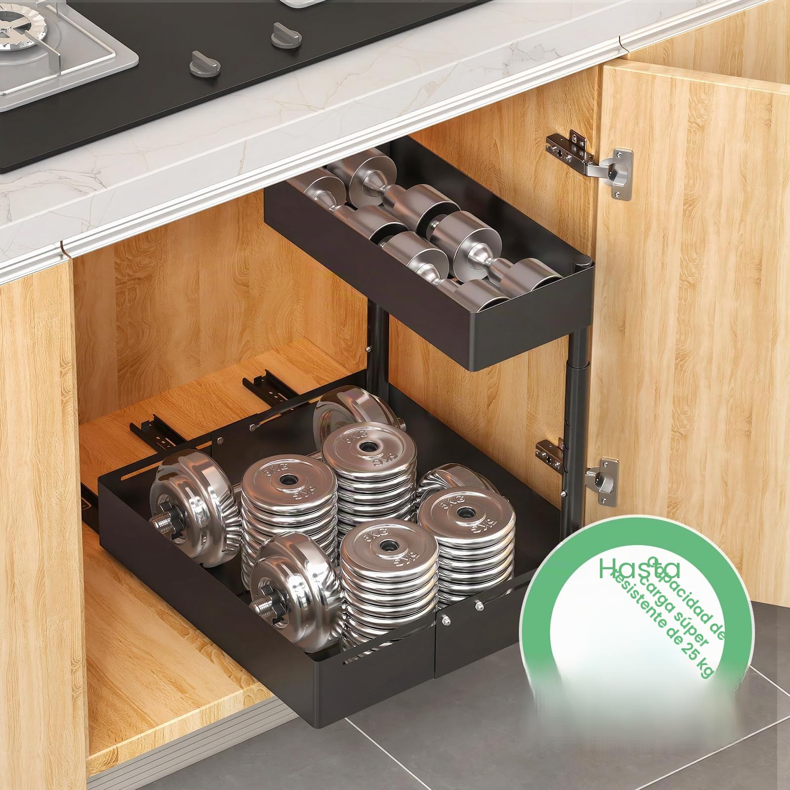KUOGAS Organizador Bajo Fregadero de Metal Ajustable – Sistema Extraíble y Altura Regulable, Organizador Universal para Fregadero de Cocina y Baño (2, Negro)