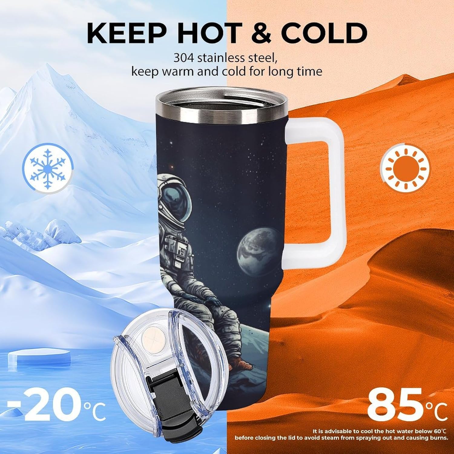 Astronaut Space Tumbler Stainless Steel Large Car Cup with Handle&Straw Lid Portable Coffee Cup Leak-proof Water Bottle Insulated Vacuum Travel Mug for Home Outdoor 40oz