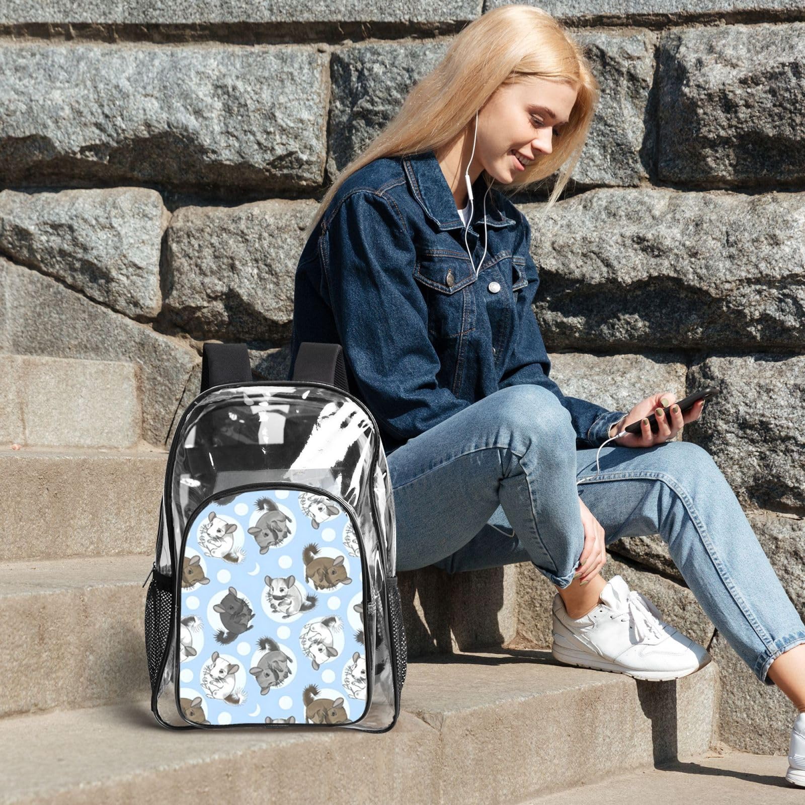 Niebieski szynszyle i księżyc nadruk unisex przezroczysty plecak zestaw 3-częściowy przezroczysty lunch piórnik podróżny na zewnątrz
