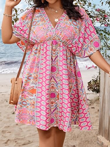 Vista 4 de Floerns Vestido Corto para Mujer Talla Grande con Escote en V Cruzado de Manga Corta Línea A con Dobladillo de Volantes