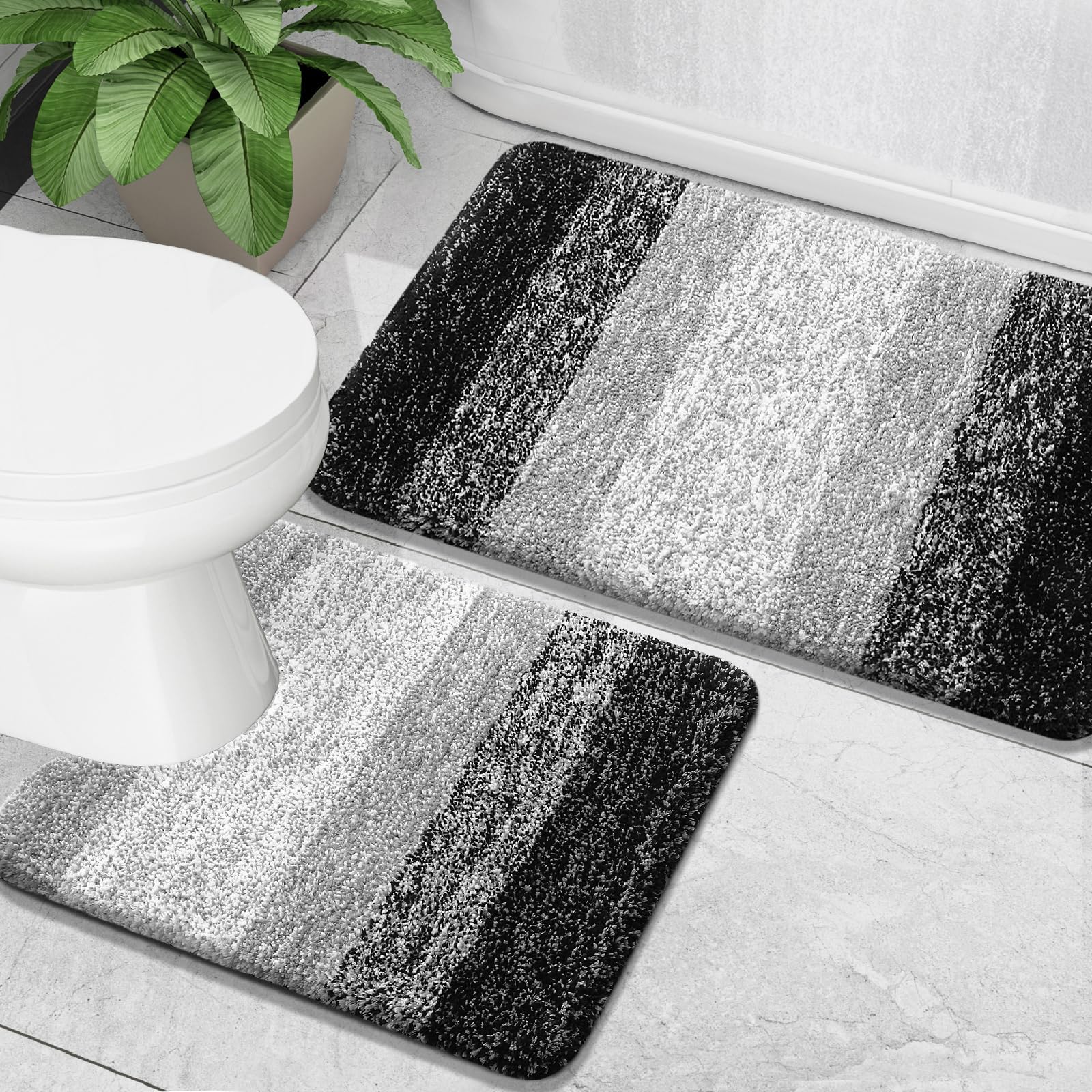 HEUIOP 2 Piece Non-Slip Bath Mat Set Soft Plush Shower Mat & Toilet Pedestal CarpetExtra Soft Absorbent Microfiber Non-Slip Washable Rugs for Shower Floor Black