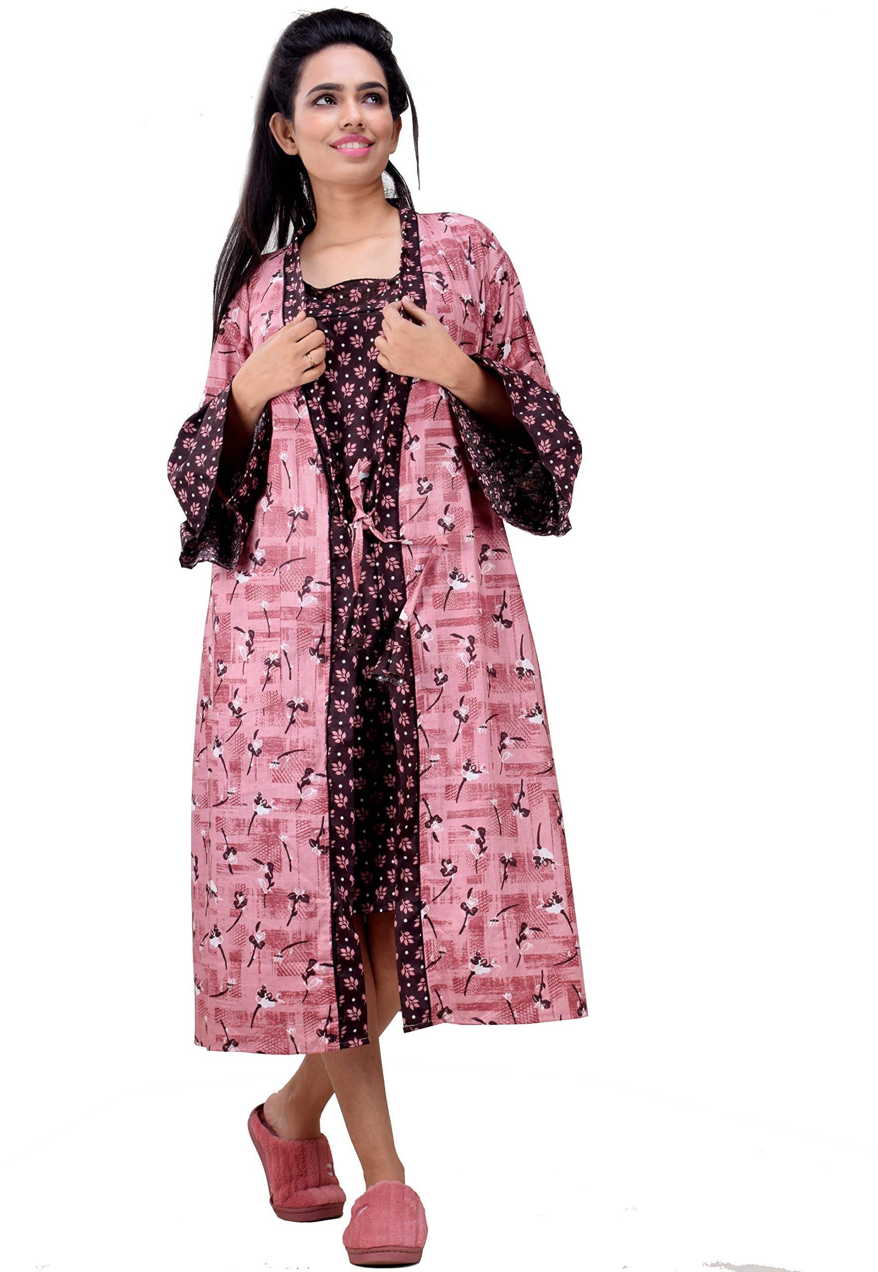 CLYMAAWomen Exclusive Pure Cotton Two pcs Night Gown Set Sleeveless Inner with Full Sleeves Robe/Housecoat