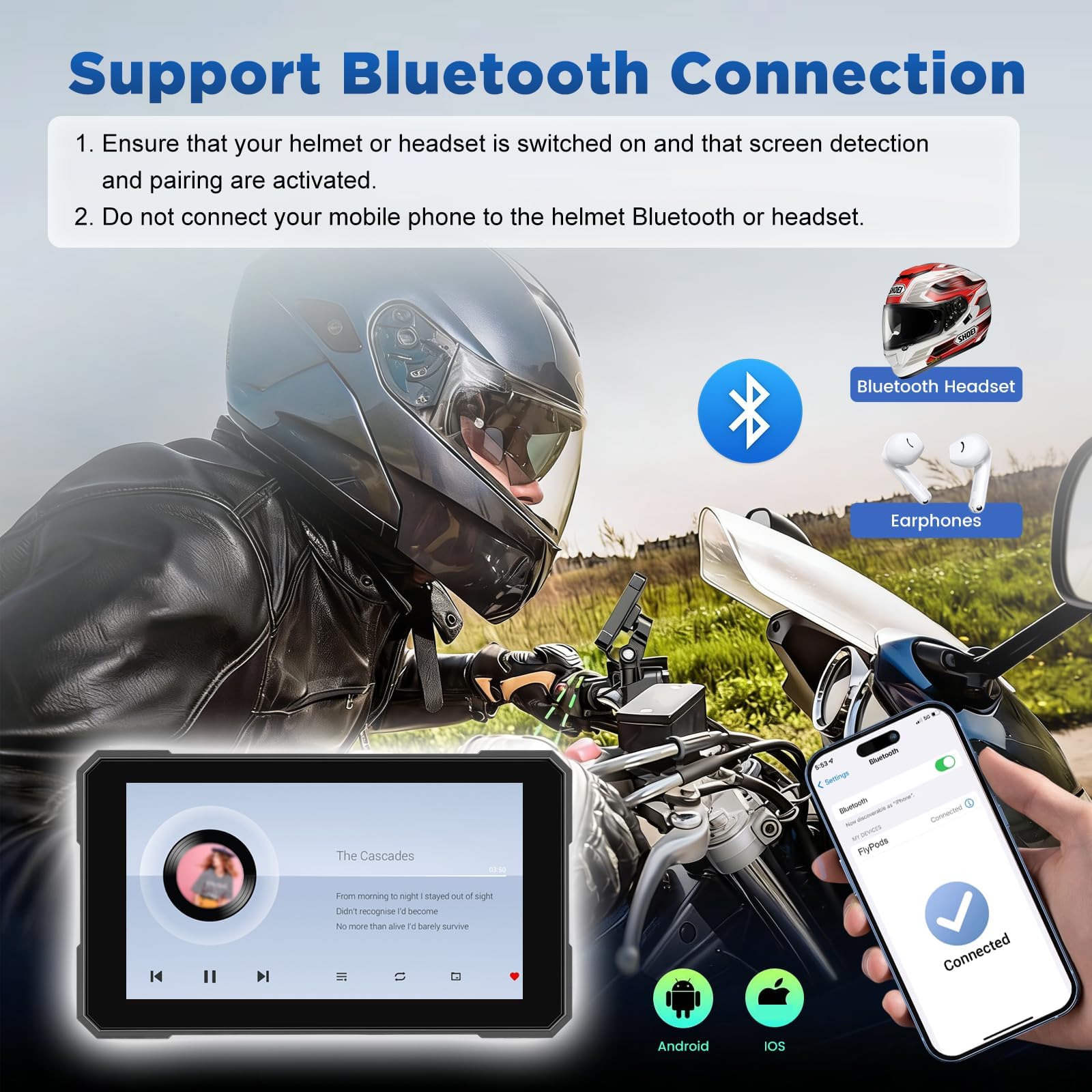 5 Zoll Carplay Motorrad mit kabellosem CarPlay und Android Auto, IP67 Wasserdicht, Reifendrucküberwachung, GPS Navigation und Sprachsteuerung – Für Alle Motorräder Geeignet
