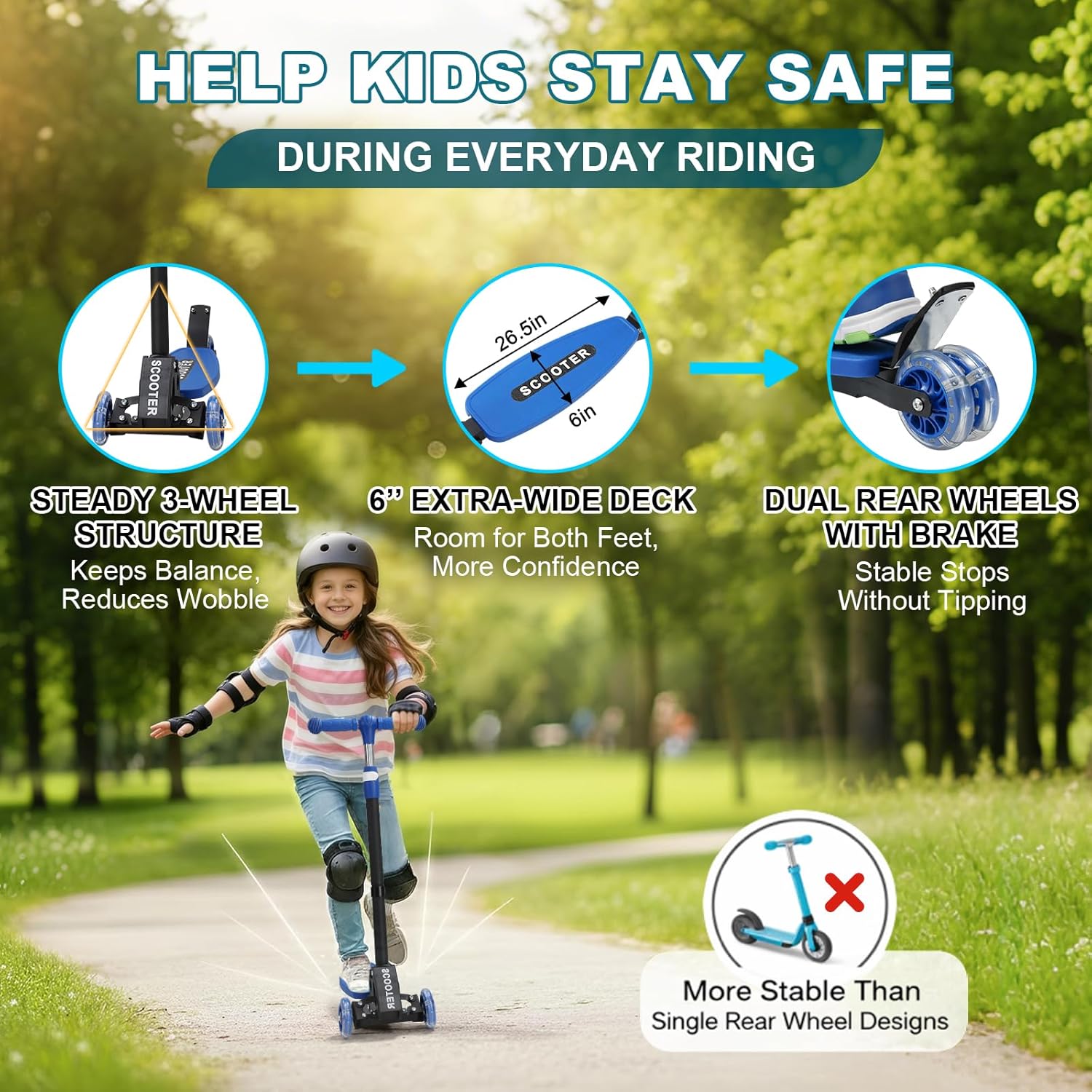 3 Wheel Kids Kick Scooter for Ages 3-12, Lean-to-Steer, Light-Up Wheels, 3-Level Adjustable Handlebar 27.5”-33”, Wide Non-Slip Deck, Dual Rear Brake,Travel Foldable, for Boys & Girls Toy Gifts Blue