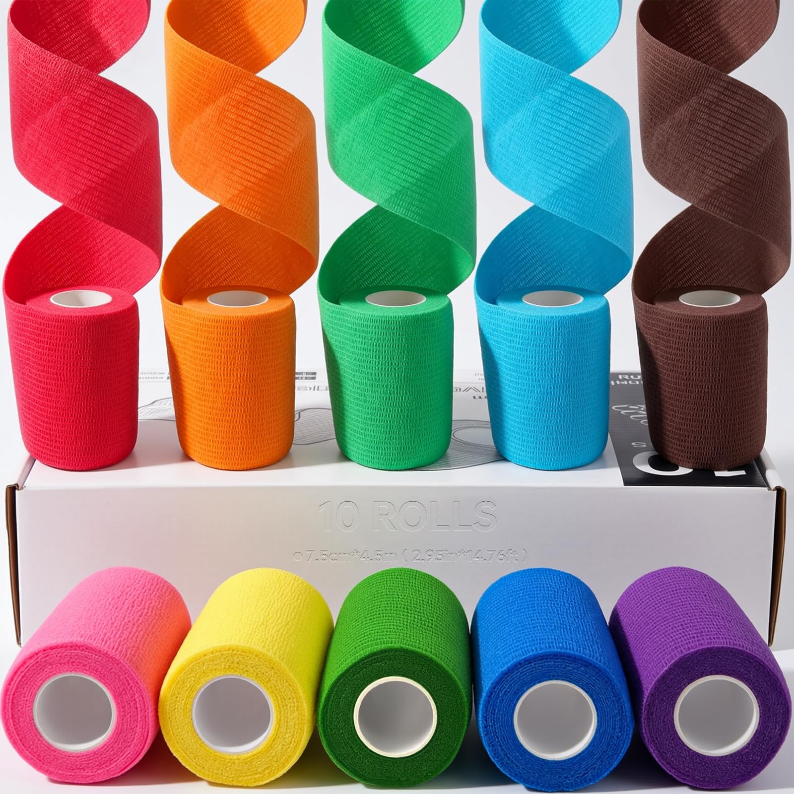 HONYAO Selbstklebender Verband 10 Rollen, 7,5cm x 4,5m Verbandsmaterial, Selbsthaftender Verband für Hund Katze Pferde, Elastische Binde für Handgelenk Knöchel Sport Erste Hilfe, 10 Farben