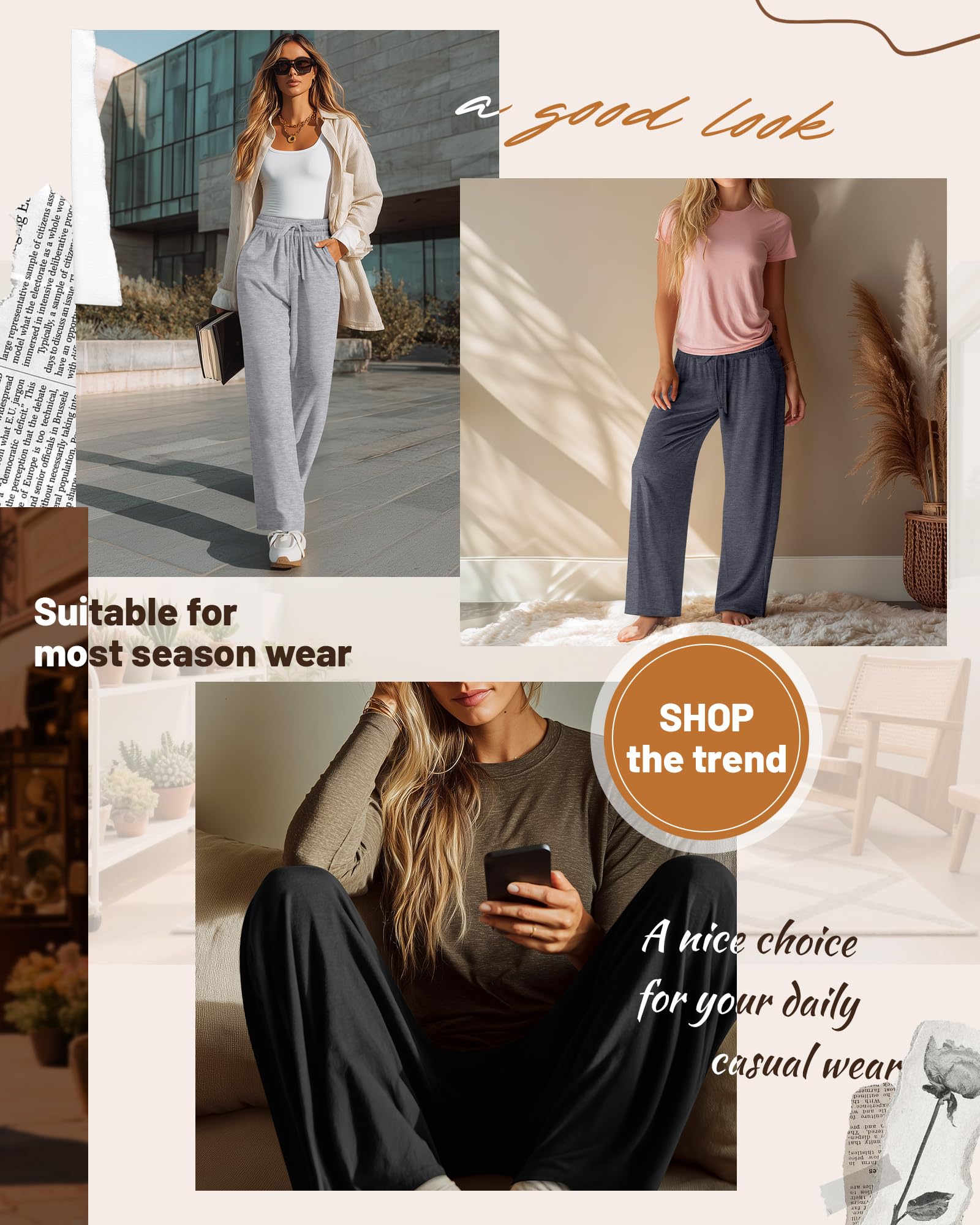 Neer 3er-Pack Damen-Jogginghosen mit Taschen, weitem Bein, bequemer, Dicker Loungewear, Kordelzug, lässiger, lockerer Stil