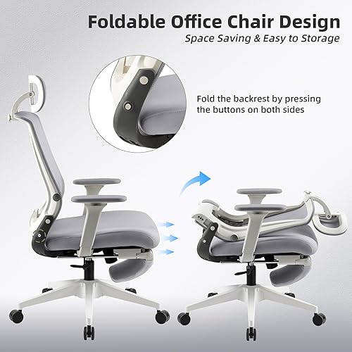 Miniatura 4 de Silla de oficina ergonómica plegable con reposapiés, silla de computadora de respaldo alto con reposacabezas 2D, respaldo de malla, asiento de