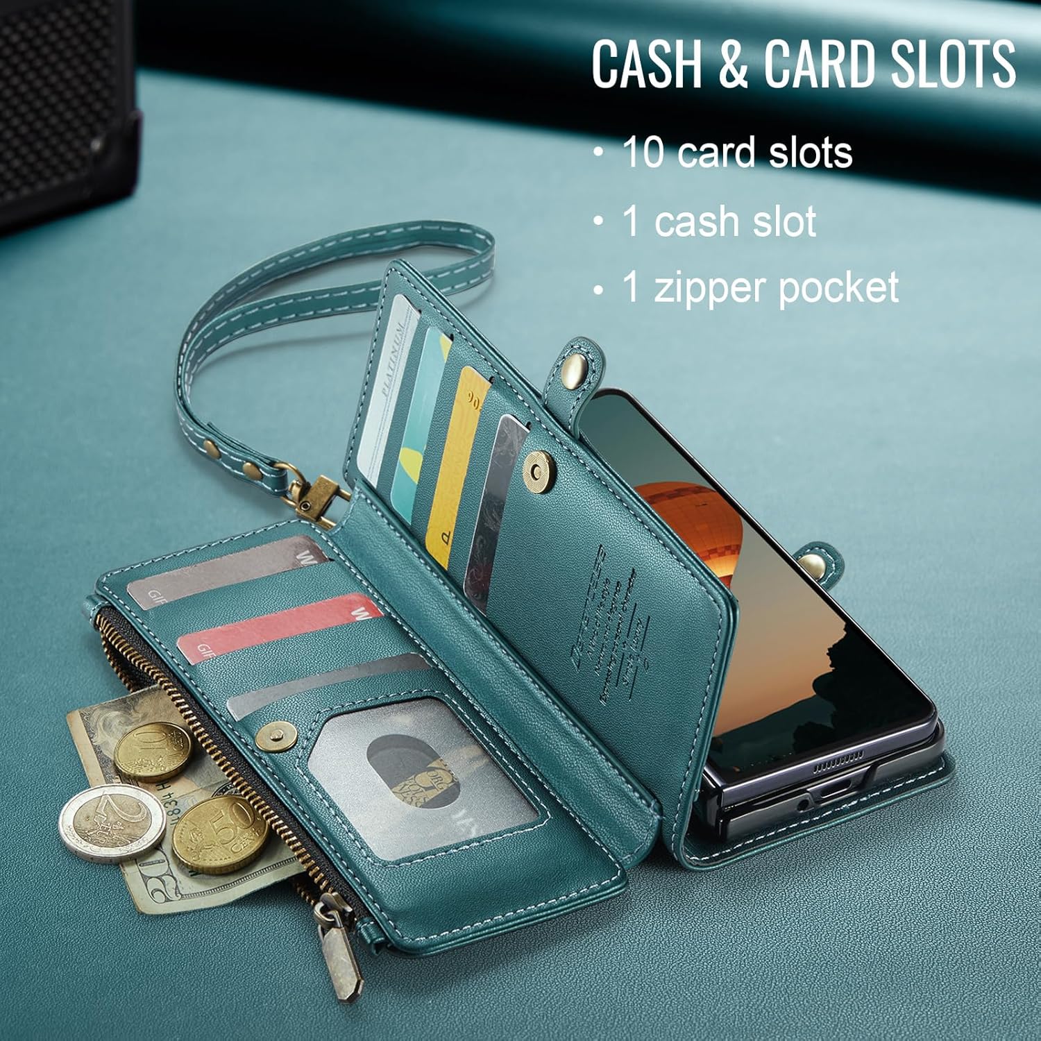 Defencase for Samsung Galaxy Z Fold 7/ Fold7 Wallet Case with RFID Blocking 10-Card Holder, Fashion Soft PU Leather Magnetic Snap Flip Zipper Wrist Strap Phone Case for Galaxy Z Fold 7 5G, Blue Green