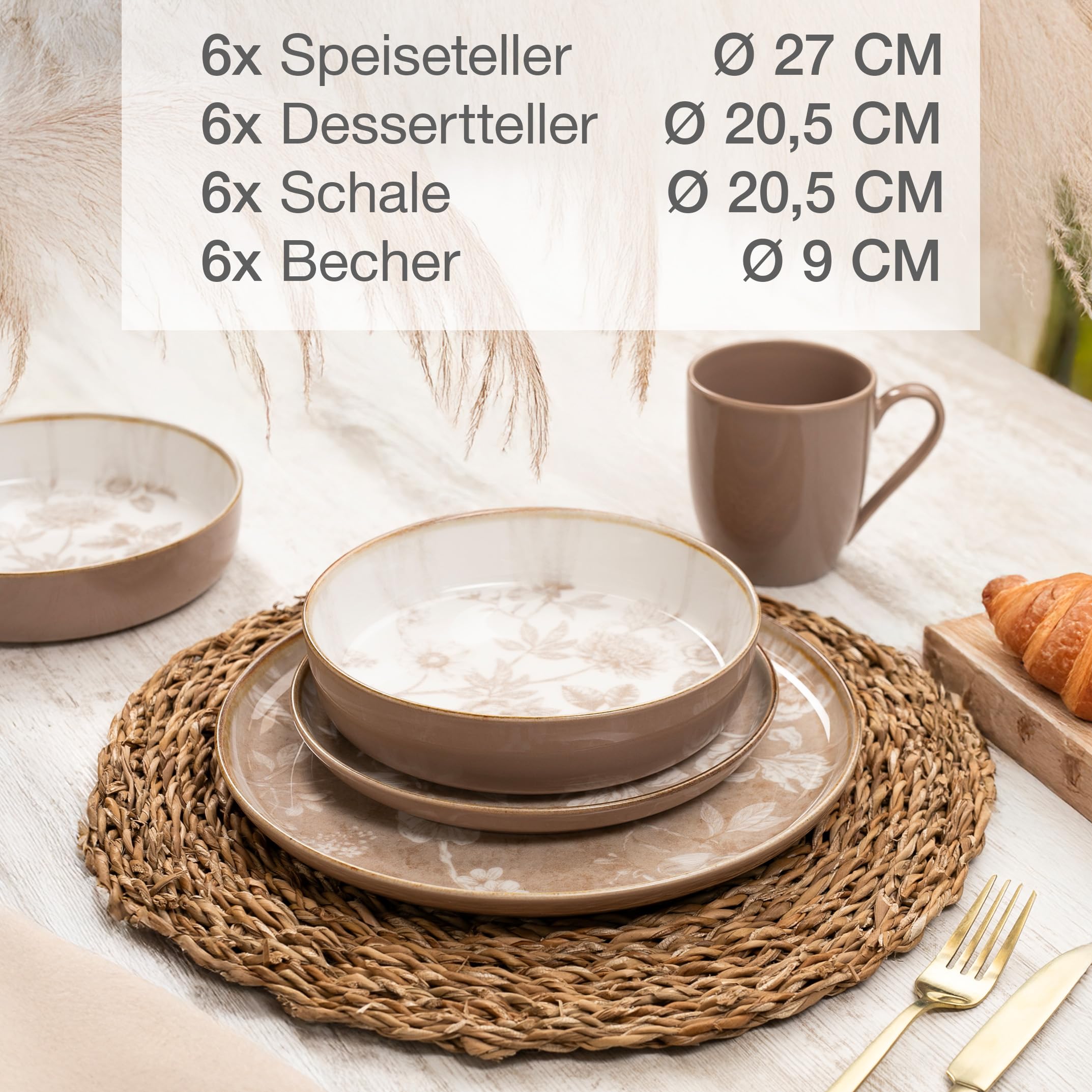 Moritz & Moritz MARIELLA Steingut Geschirrset 6 Personen 24-tlg. - Modernes Tafelservice in Beige mit verspieltem Design, Pflegeleichtes Kaffeeservice mit Teller Set, Schüsseln & Tassen - Kombiservice