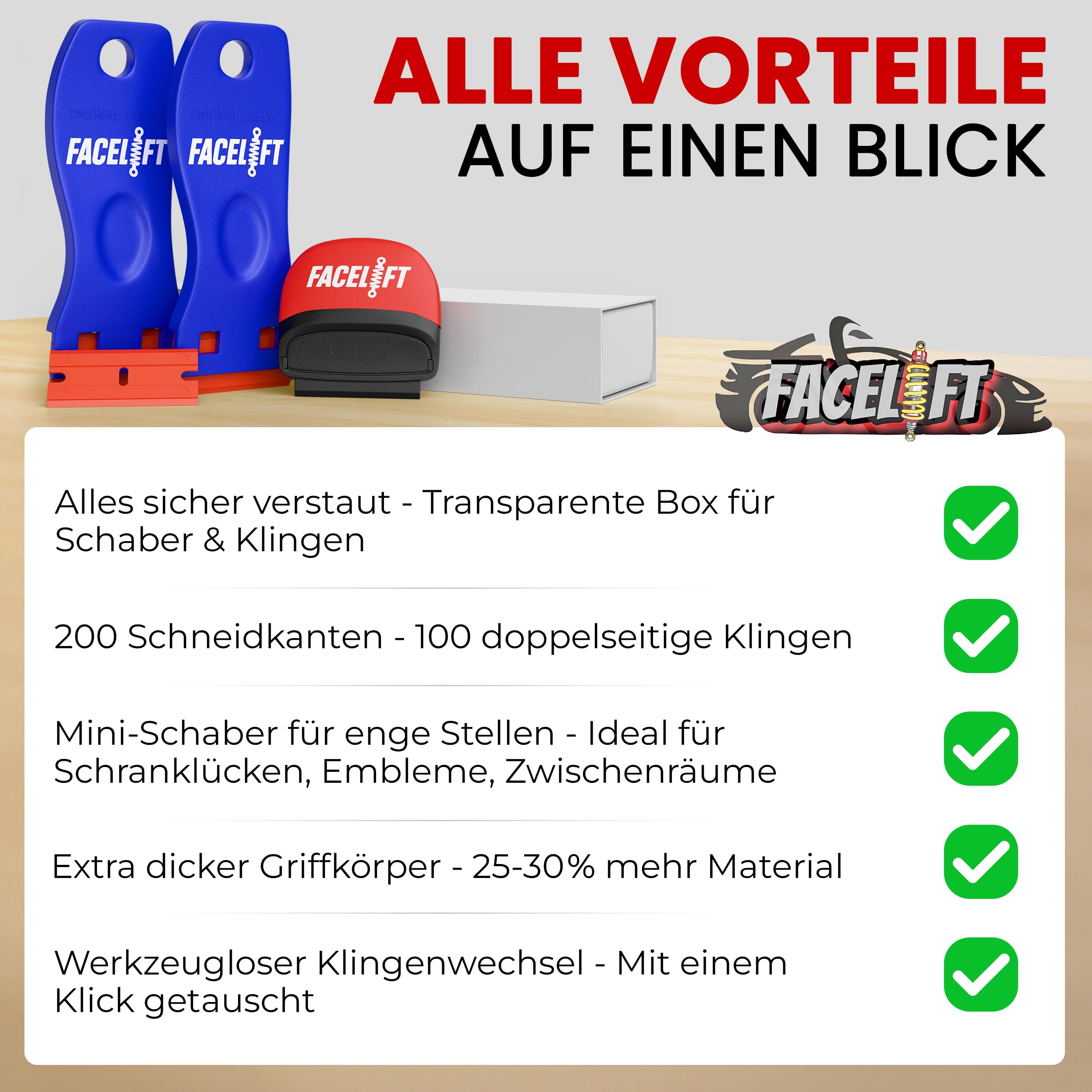 FACELIFT® Premium Schaber Set – Kunststoffschaber mit 100 Klingen – kratzfrei Aufkleber- & Klebereste-Entferner – robust, handlich & vielseitig