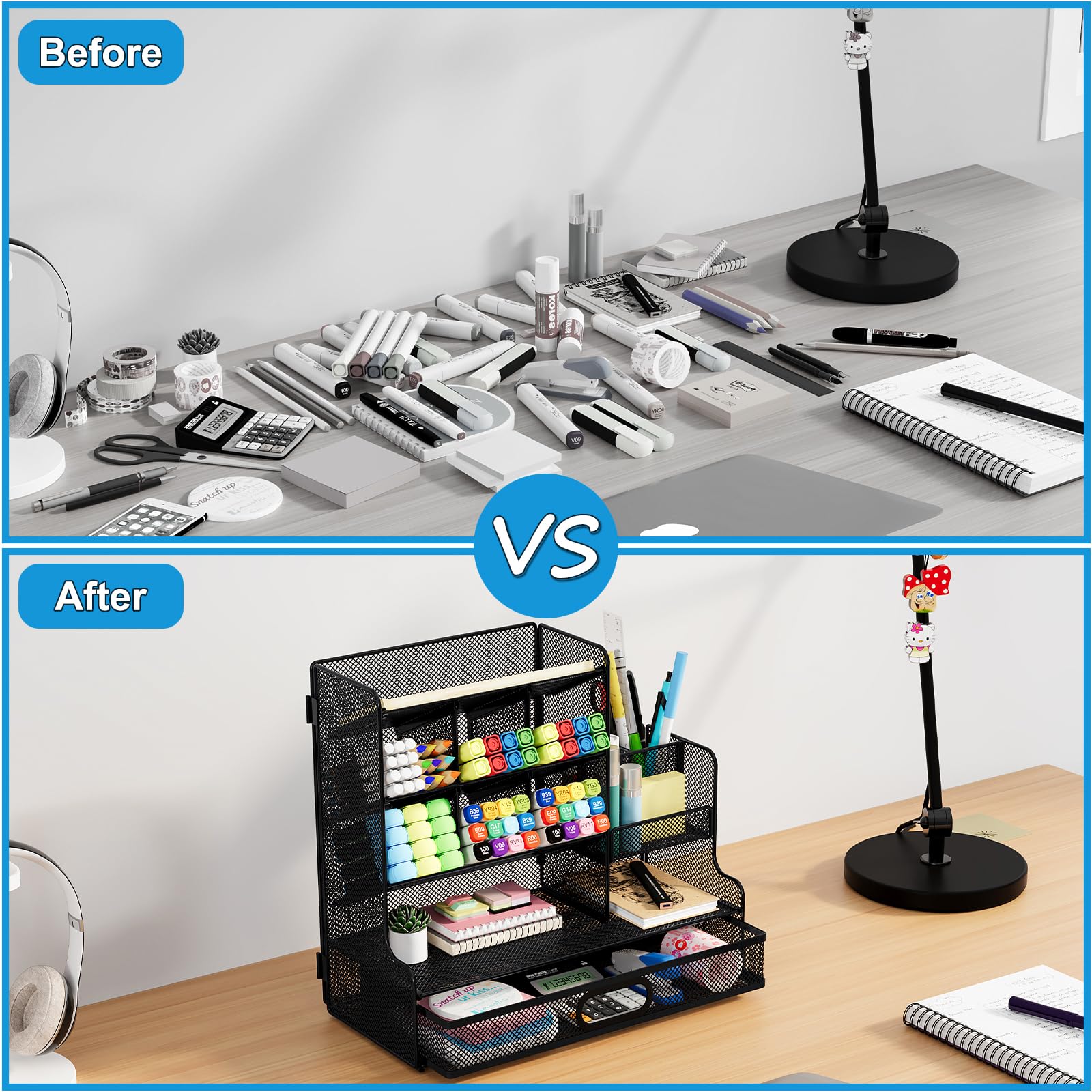 Organizer da scrivania con cassetto, portapenne in rete per scrivania, 13 scomparti, organizer per cancelleria e forniture artistiche, accessori per ufficio e spazio di lavoro, nero