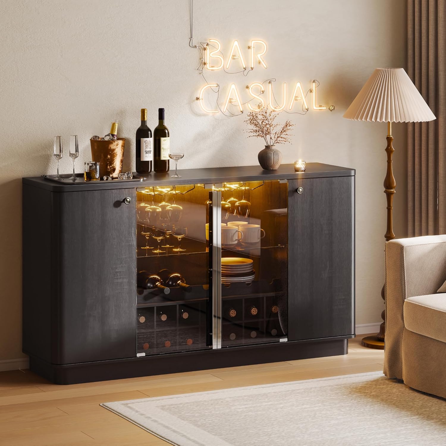 Coffee Bar Cabinet with LED Light & Glass Doors, 60" Wine Liquor Cabinet with Wine Rack & Glass Holder & Adjustable Shelves, Coffee Station Sideboard Buffet Cabinet for Living Room Kitchen