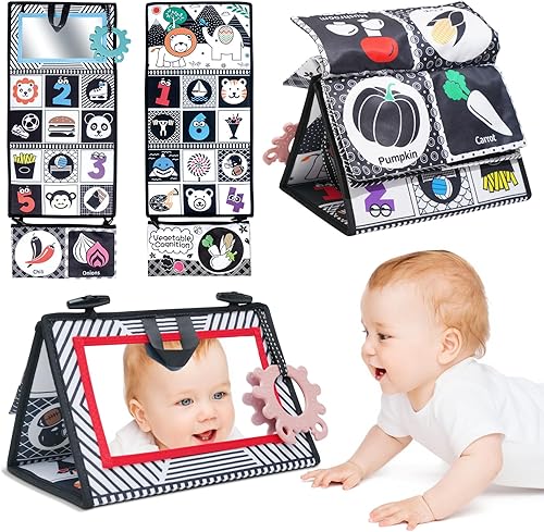 Dcsioike Espejo para el tiempo boca abajo, juguetes para bebés de 0-3-6-12 meses, juguete para recién nacido, con alto contraste, libro sensorial