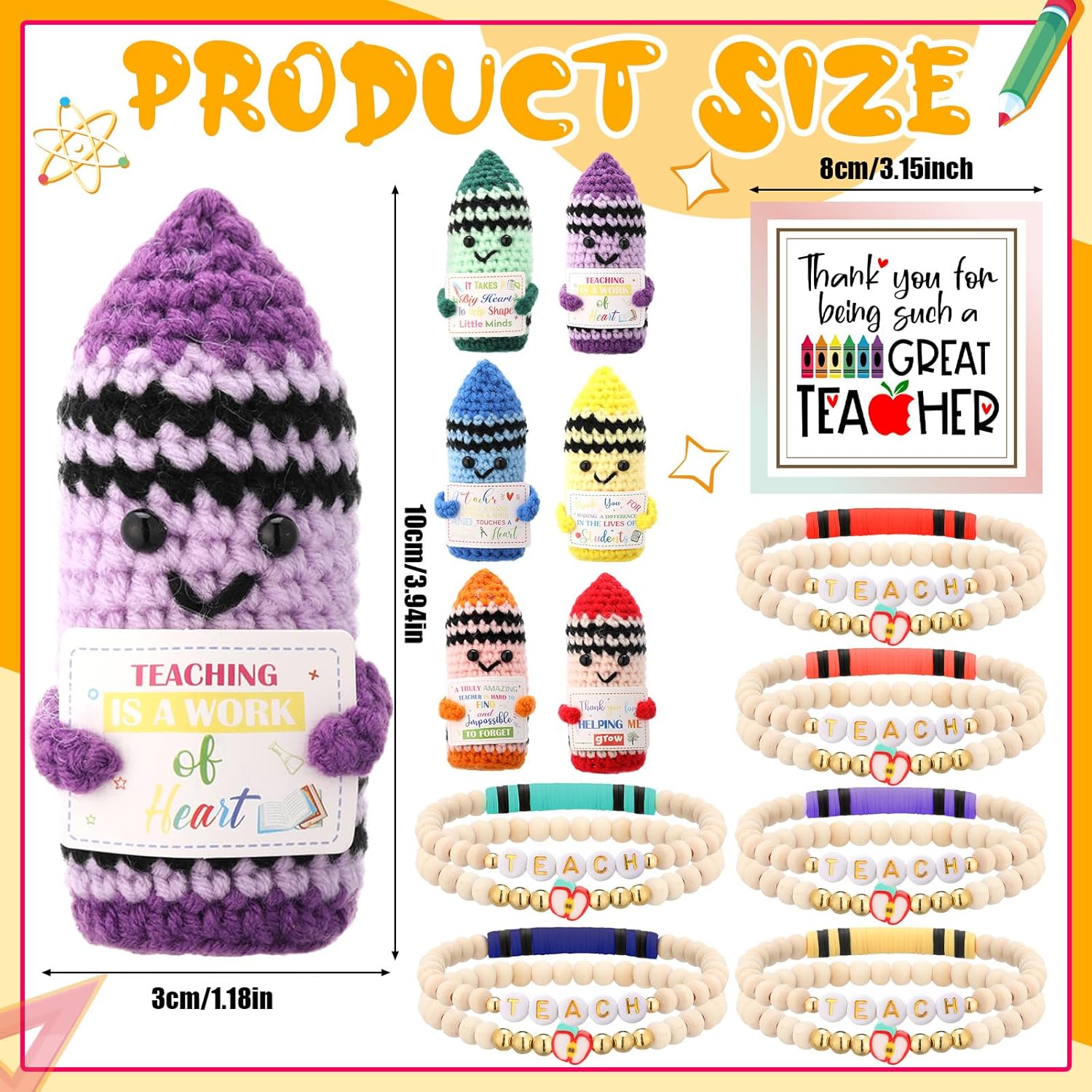 6 Set Teacher Appreciation Gifts Crayon Crochet Dolls with Thank You Teacher Bracelet Presents for Graduation End of Year from Students
