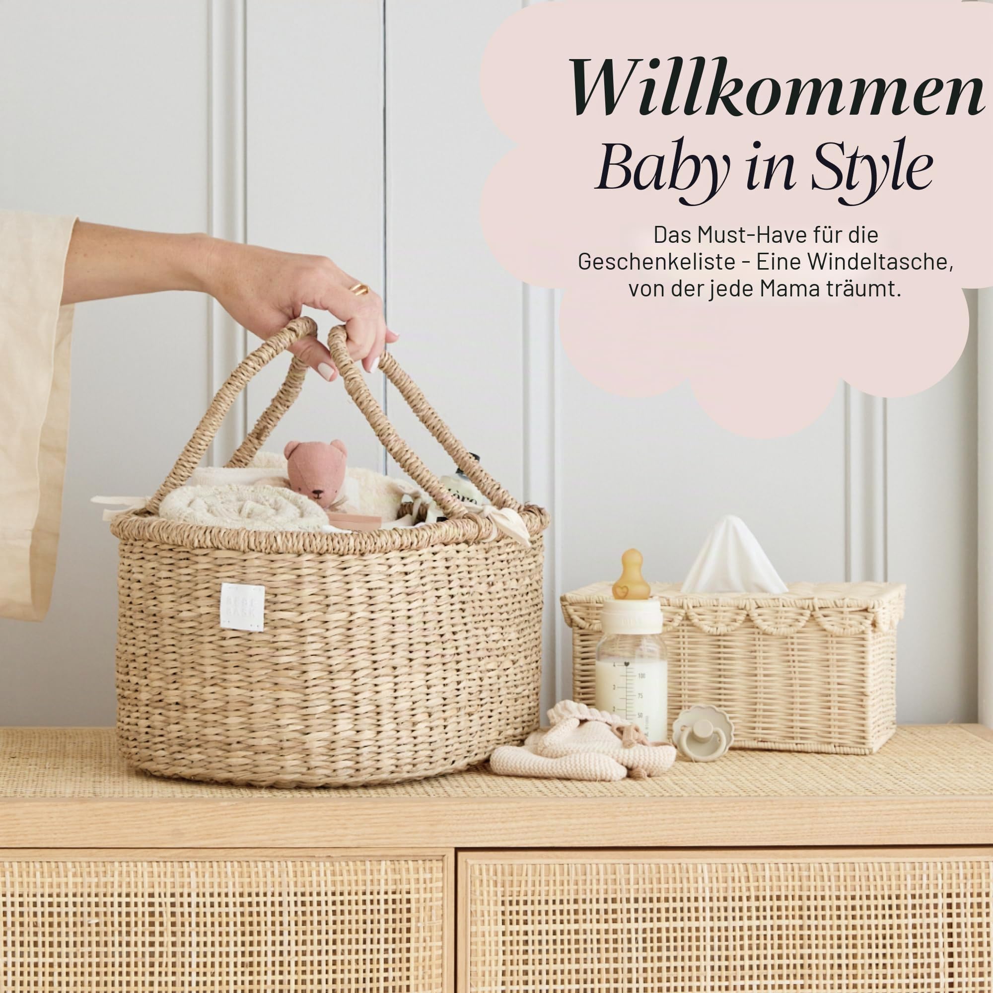 BEBE BASK Baby-Wickeltasche, handgefertigt, Bio-Seegras, luxuriöser Windelkorb, niedlicher Windelkorb für Mädchen, Wickeltasche für Babys, Jungen, Kindergarten