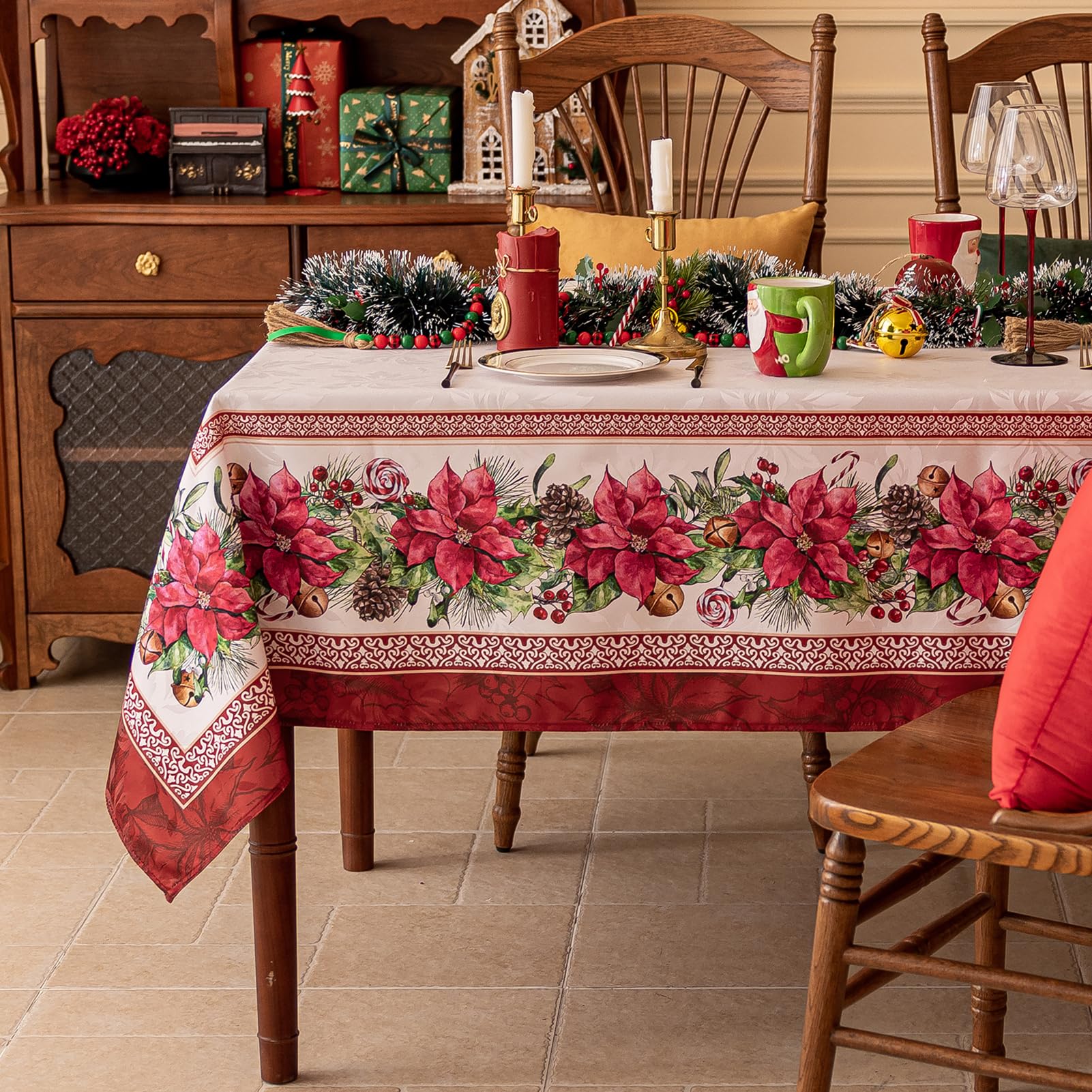 Softalker Mantel navidad mesa rectangular 240x140 cm,elegante jacquard Manteles con flores rojas y campanas,Antimanchas,Repelente al Agua Invierno Decoración para Cumpleaños,año Nuevo,Navideño,Fiestas