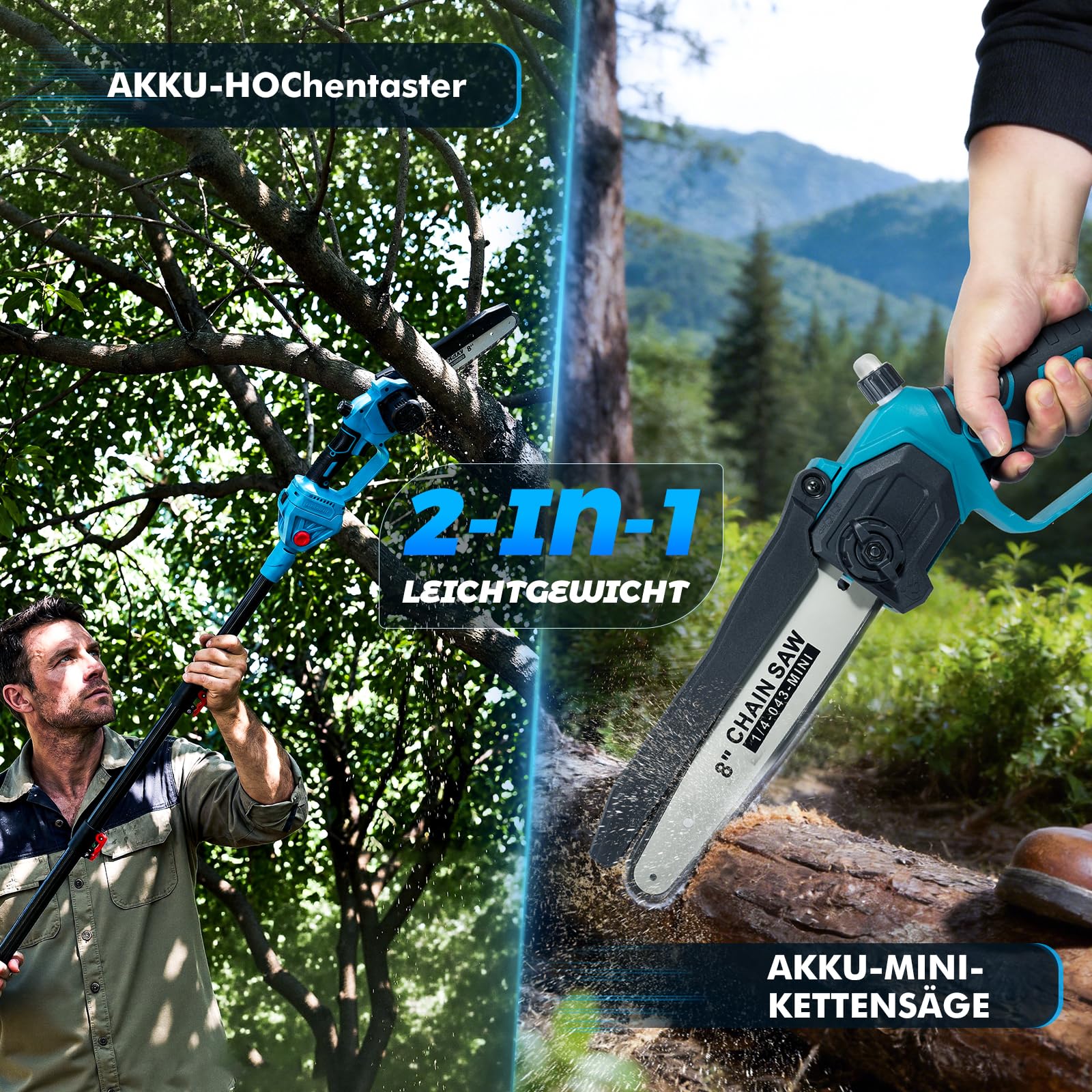2-in-1 Akku Hochentaster 8-Zoll Mini-Kettensäge, Bürstenloser Motor, 2 x 3000 mAh Batterien, drei einstellbaren Höhen für Baumschnitt