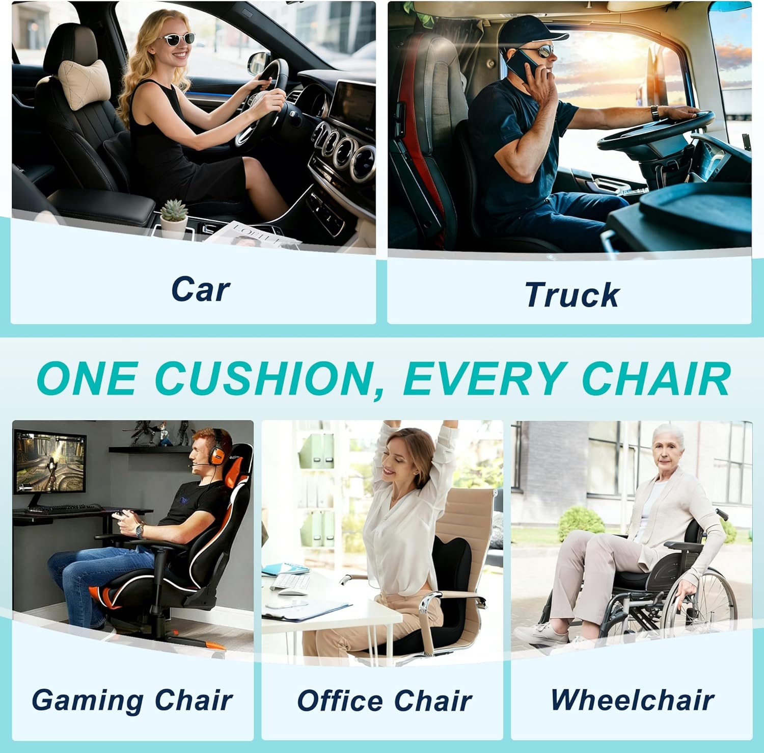 Seat Cushion for Office Chair and Car, Lumbar Support Pillow for Office Chair, Memory Foam Ergonomic Seat Cushion for Long Sitting, Back & Tailbone Pain, Sciatica - Black