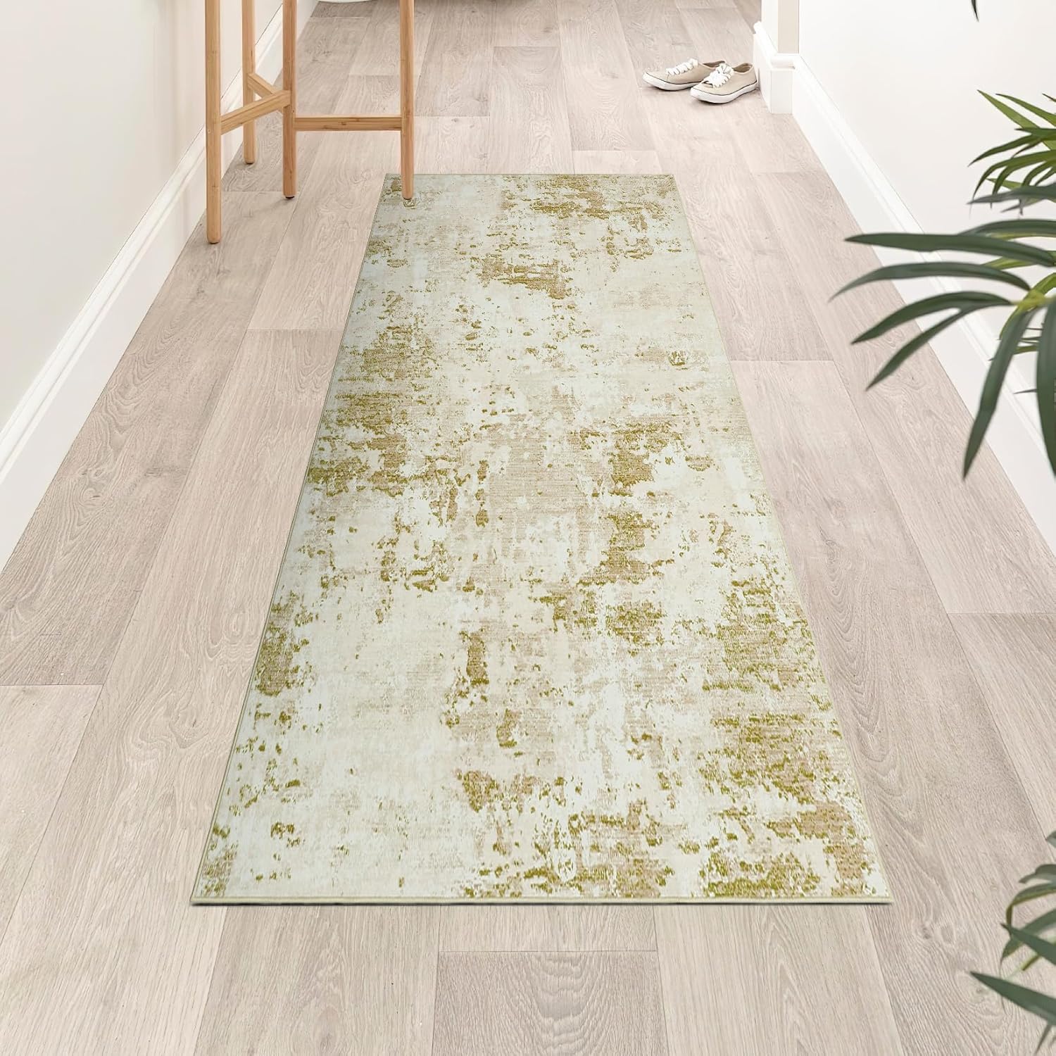 ROYHOME Modern Abstract 2x6 Runner Rug Washable Non Slip Stain Resistant Rug for Hallway Kitchen Bedroom Non Shedding Low Pile Indoor Floor Cover,Golden Grey