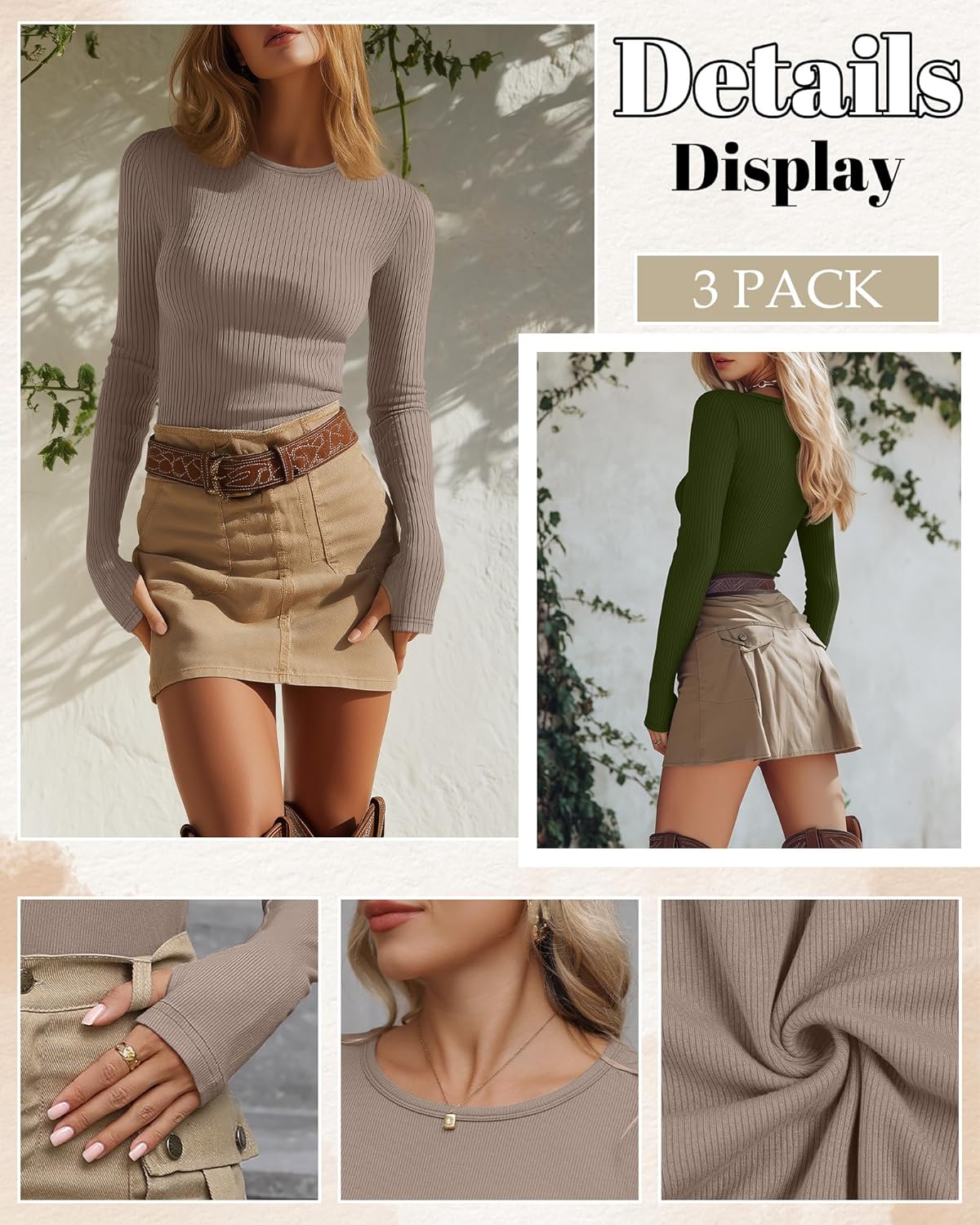 Huukeay 3 Pack Women's Cotton Ribbed Long Sleeve Tops with Thumb Holes, Crew Neck Undershirt Slim Fit Stretchy Layering Shirt - Image 4