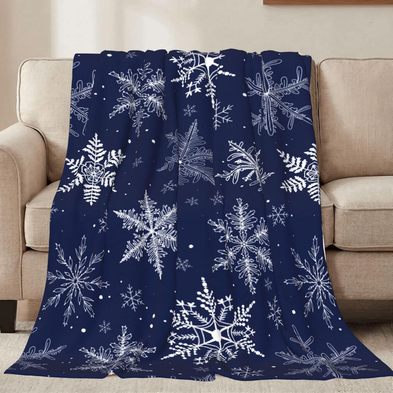 Winter Snowflakes Blue Throw Blankets All Season Ultra Soft Warm Christmas Fleece Blanket for Home Bed Sofa Couch Chair Outdoor Travel Camping 80x60 Inch