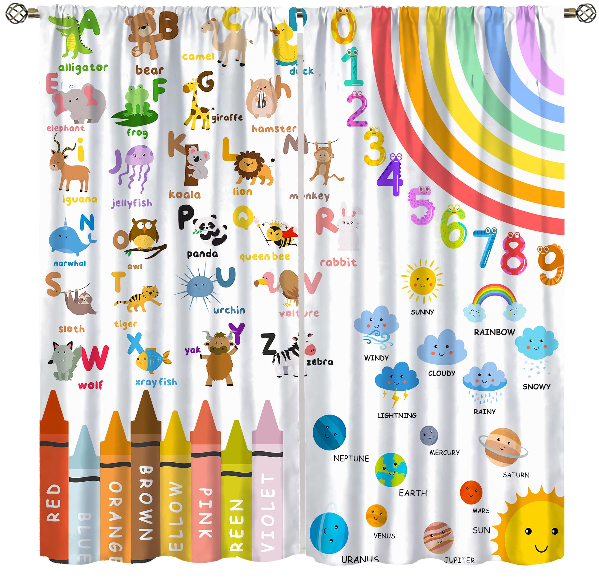 AAVEUP Alphabets ABC Blackout Curtains for Kids,Education Learning Rainbow Crayons Alphabet Colors Animals Numbers Galaxies Window Drapes Print for Boys Girls Nursery Children Toddler Bedroom 42x54in