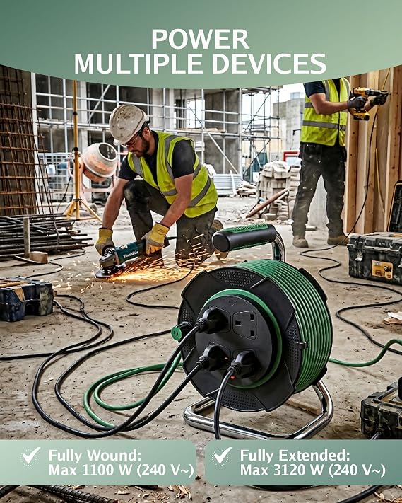 Pelle & Sol 15m Extension Lead Cable Reel with 4 Sockets - Heavy Duty 3120W Power Extension Cable with Overheat Protection for Home, Garden, DIY & Workshop Use