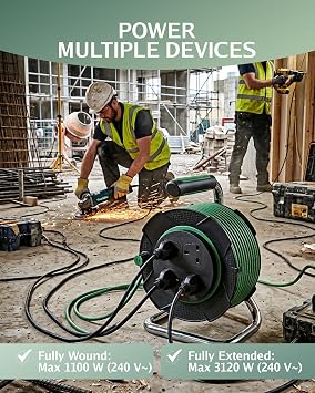 Pelle & Sol 15m Extension Lead Cable Reel with 4 Sockets - Heavy Duty 3120W Power Extension Cable with Overheat Protection for Home, Garden, DIY & Workshop Use