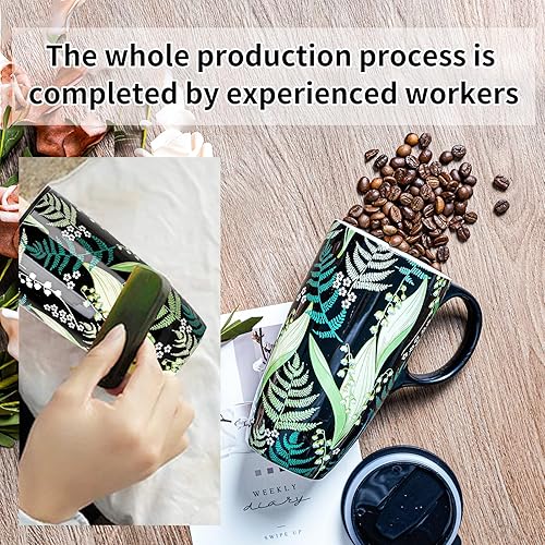 Miniatura 15 de Taza de café de cerámica para regalo con tapa de 17 onzas, taza de té alta de porcelana con asa para el hogar y la oficina, taza con diseño