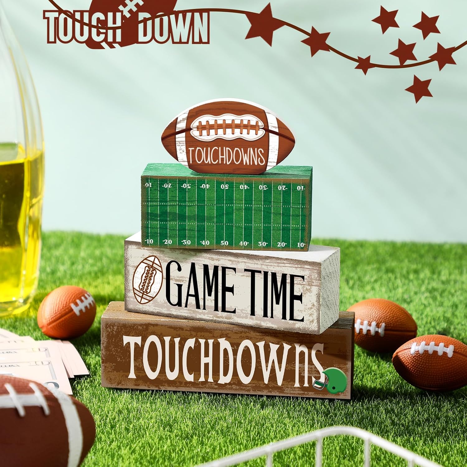Yuntau 4 Pcs Fall Football Table decoration Centerpieces Wooden Blocks sign