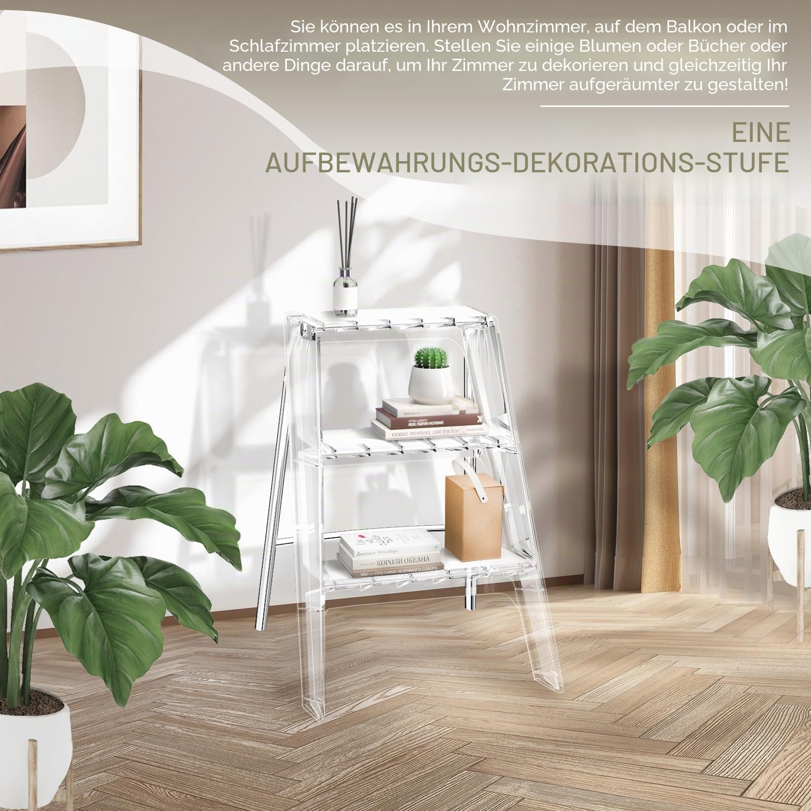 Faltbare Trittleiter 3 Stufen aus Acryl, Klappbarer Transparent Leiter klappbar, Zierpflanzen Tritthocker für Küche, Garage Büro | Fußhocker mit rutschfesten Stufen, modernes dekoratives Präsentationsregal, Pflanzenständer, Foto-Requisiten