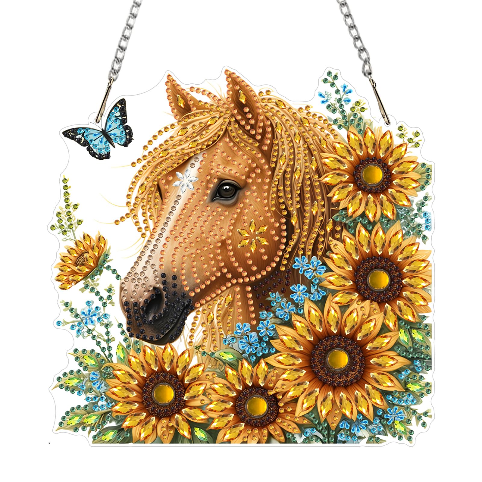NEWENMO Brown Horse Diamond Painting Hanging Ornaments,5D Sunflowers Diamond Art Hanging Pendant Kits,Special Shape Diamant Pendant Crystal Gem Art Kits,for Window Garden Wall Home Decoration