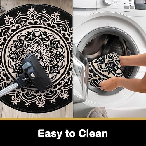 Miniatura 6 de Carvapet Alfombra redonda de 5 pies, elegante, bohemio, con estampado de mandala, antideslizante, lavable a máquina, alfombra suave para entrada,