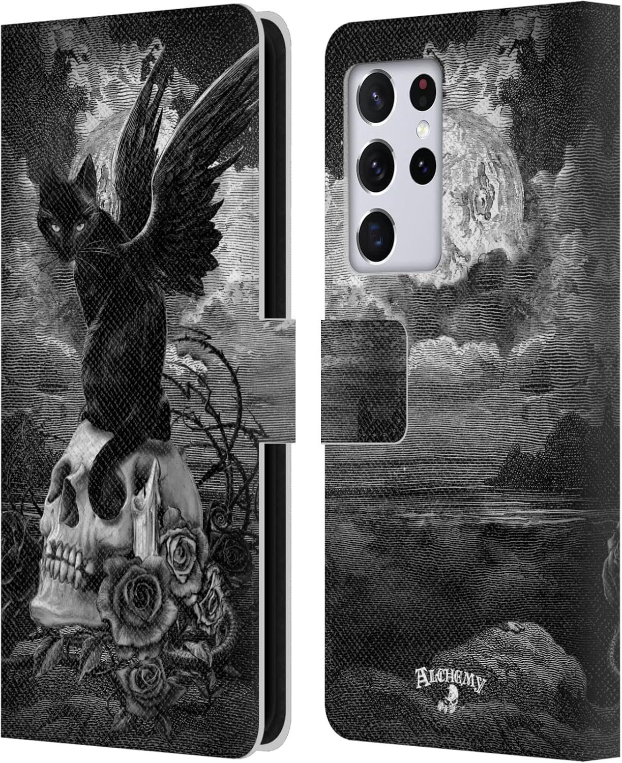 Head Case Designs Officially Licensed Alchemy Gothic Nine Lives of Poe Skull Cats Leather Wallet Case Compatible with Samsung Galaxy S21 Ultra 5G
