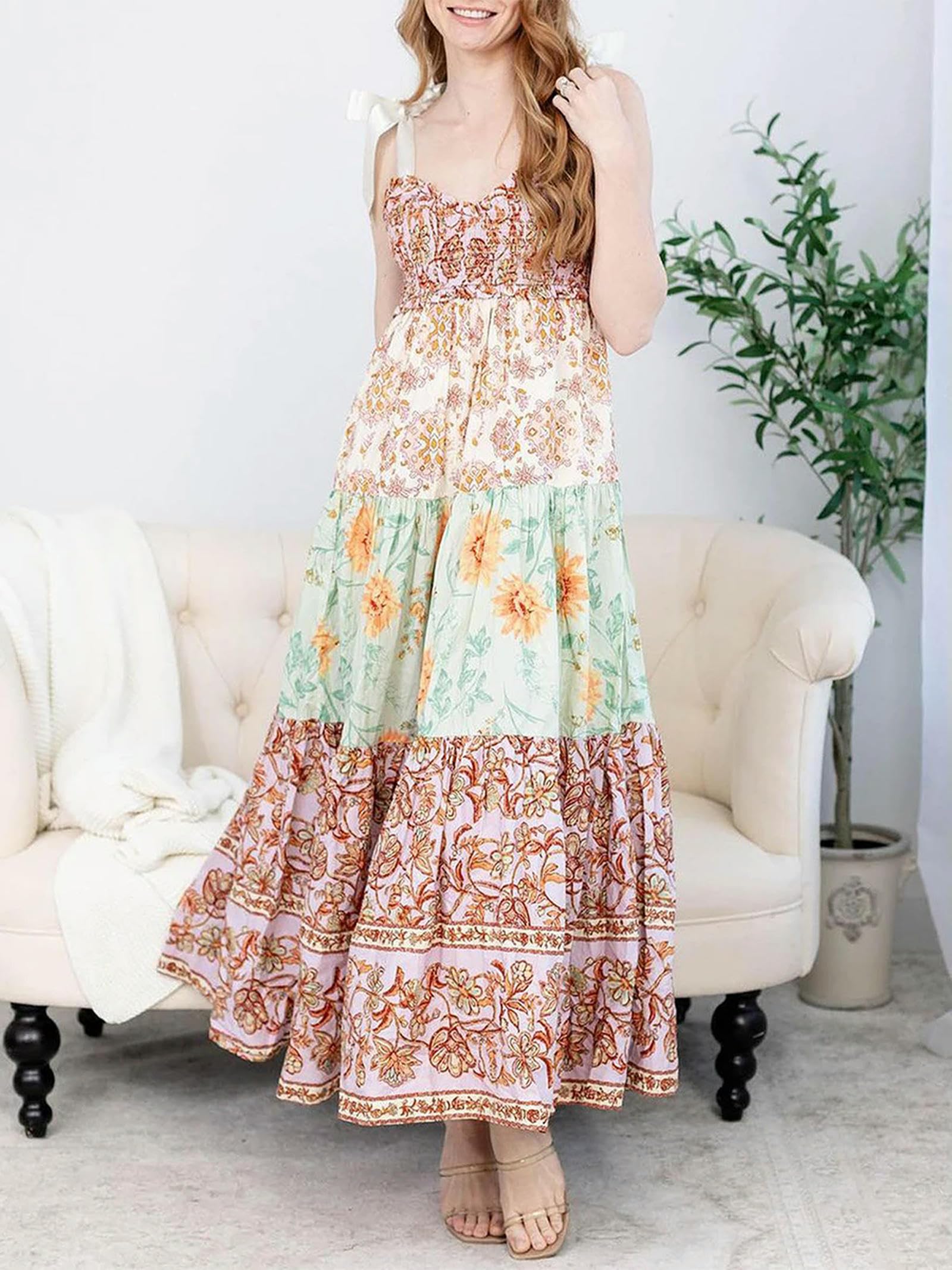 Robe Longue d'été pour Femmes, Bretelles à Nouer, col en V, imprimé Floral, Patchwork, Robe d'été Fluide à Plusieurs Niveaux, Rouge, S