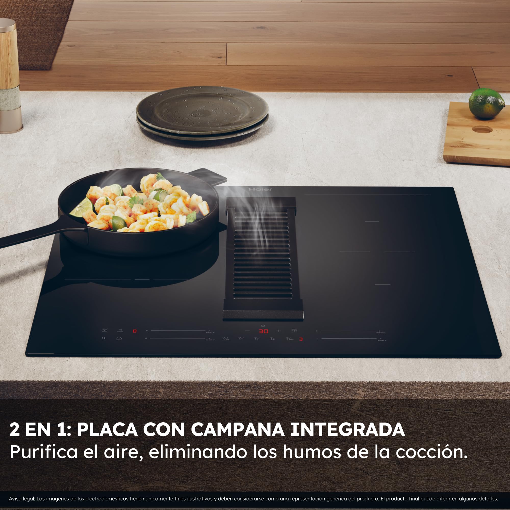 Haier Series 6 HAIH6IEMCF Placa de Inducción con extracción, 4 Zonas Flex, Ancho 60cm, Control deslizante "Multislider" Potencia total 7,4kW, 9 niveles de potencia + Booster, 4 Zonas, Negro