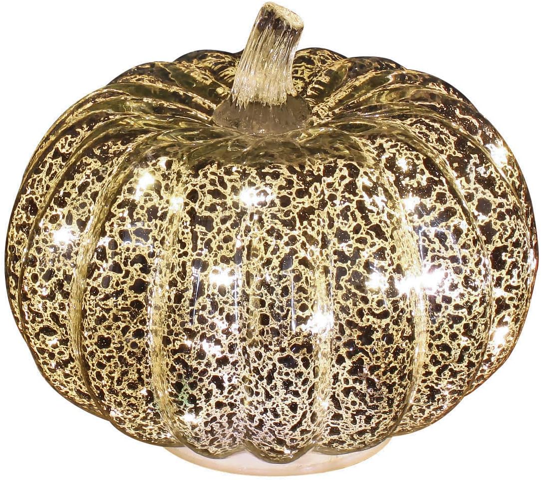 simpdecorGlass Pumpkin Light with Timer 14cm Height Mercury Glass Light up Pumpkin Light Silver Home Lamp for Halloween,Fall Autumn,Thanksgiving,Harvest,Tables Centerpieces,and Other Decorations