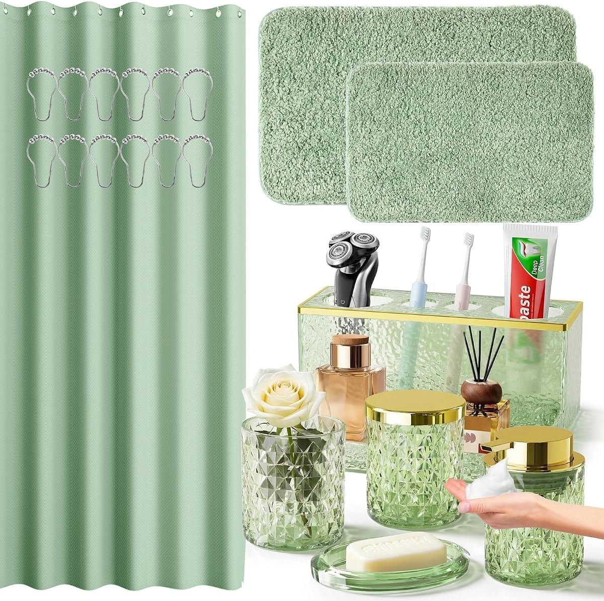 Green Bathroom Accessories Set - 20PCS Glass Bathroom Set with Shower Curtain and Rugs, Soap Dispenser, Soap Dish, Cup, Qtip Jar, Toothbrush Holder, Stylish & Functional Bath Decor for Home, Apartment