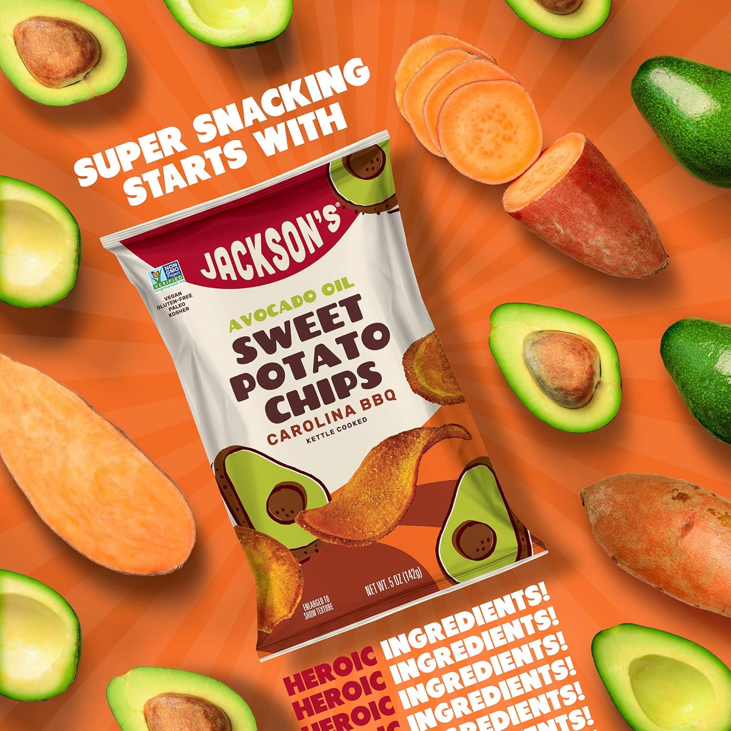 Jackson’s Sweet Potato Carolina BBQ Kettle Chips made with Premium Avocado Oil (5 oz, Pack of 12) - Allergen-friendly, Gluten Free, Peanut Free, Vegan, Paleo Friendly - Shark Tank Product