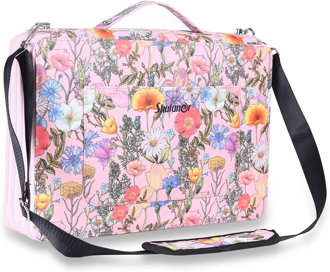 Colored Pencil Case 128 Large Slots Holds 384 Pencils or 256 Gel Pens with 4 Layer Zipper Closure High Capacity Pen Organizer for Painter or Artist Pink Flower