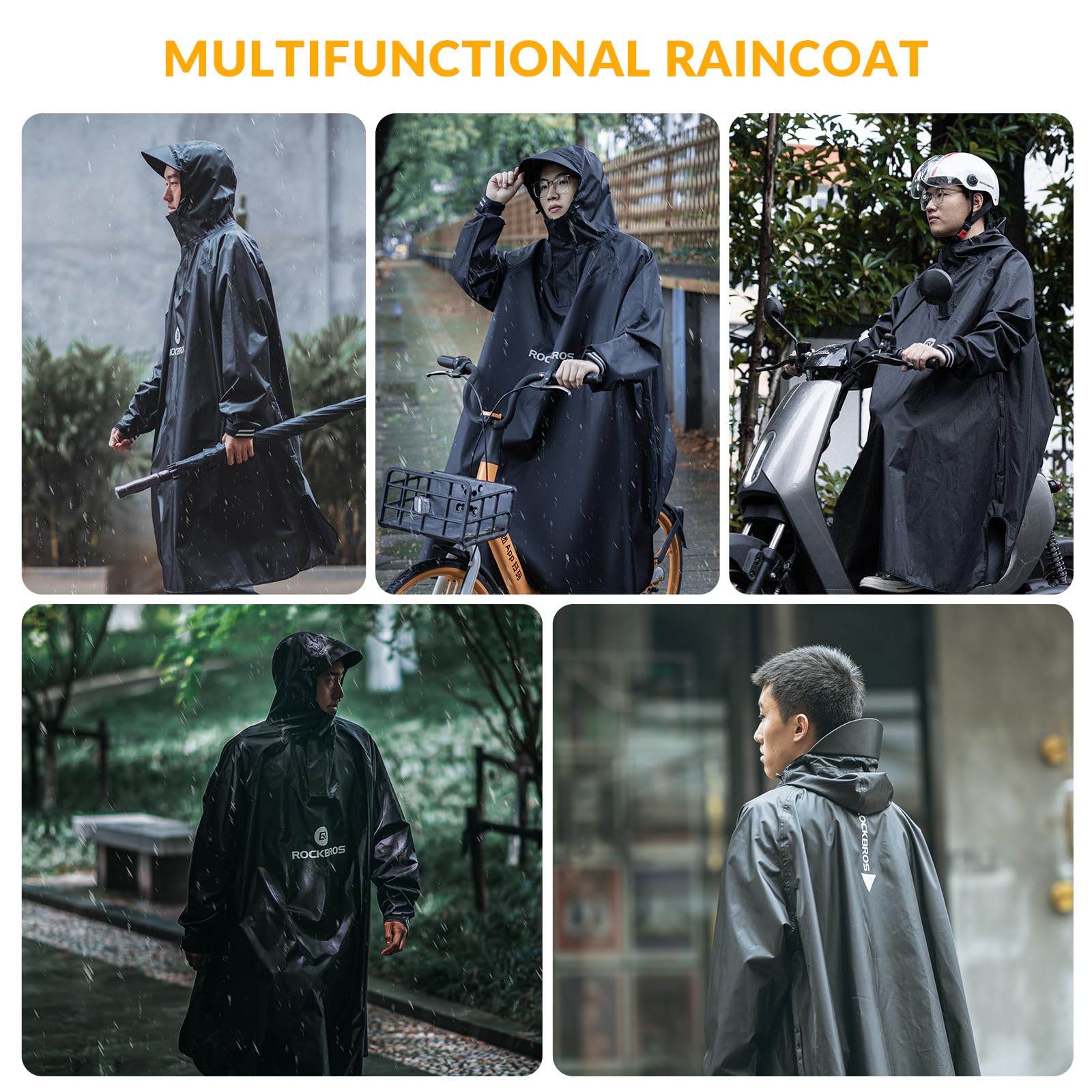 ROCKBROS Manteau de Pluie Réutilisable Poncho de pluie avec Capuche Veste de Pluie Pliable, Multi-usage pour Vélo Camping Randonnée Pêche Hommes Femmes, Noir