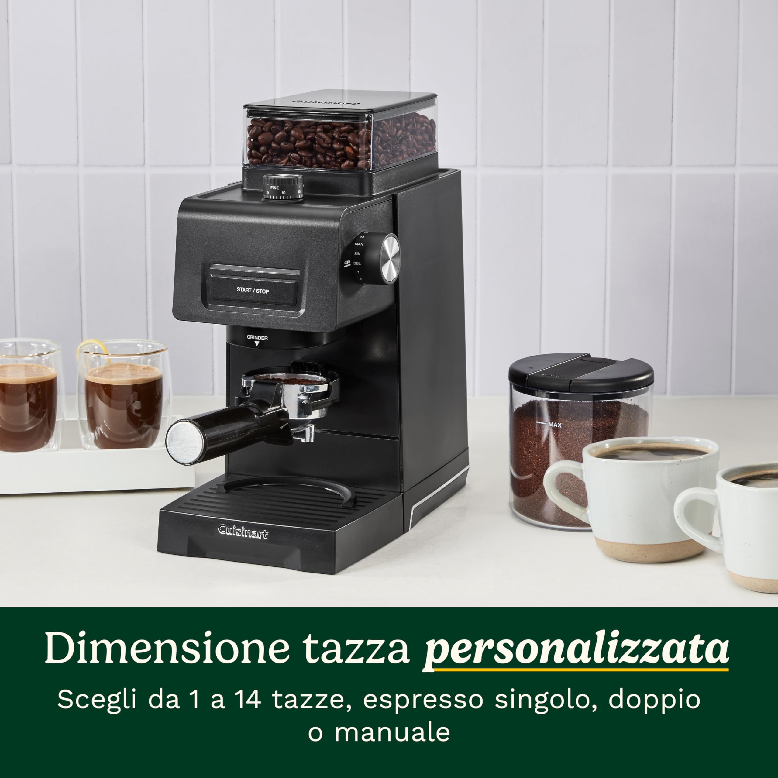 Cuisinart Macinacaffè elettrico ed espresso a macine coniche | 35 impostazioni | Contenitore 225 g | Compatibile portafiltro | Selettore 1–14 tazze | Include misurino e spazzola