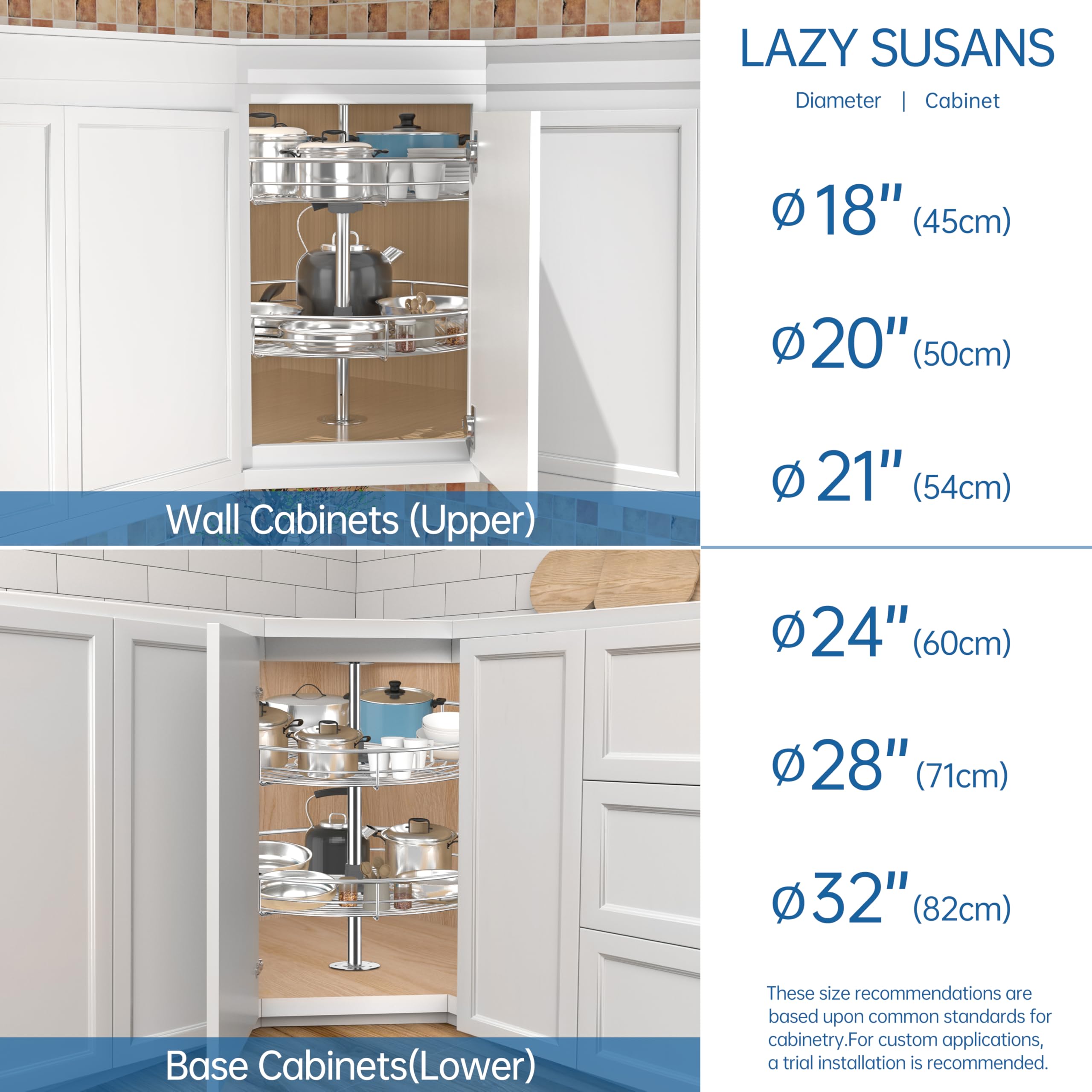 JOWBOOW 53,5 cm Chrom-Eckschrank, Lazy Susan, Vollkreis-Eckschrank, Lazy Susan, Ersatzregale, drehbares Regal für Oberschrank, Küche, passend für Schränke über 58,4 cm