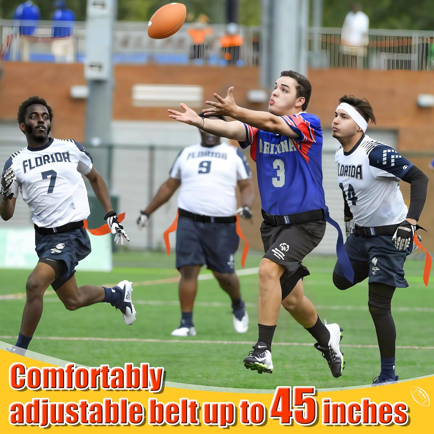 Flag Football Belts, 14 Player Set, Orange, Blue, Grey, Yellow Flags, Unisex, All Ages