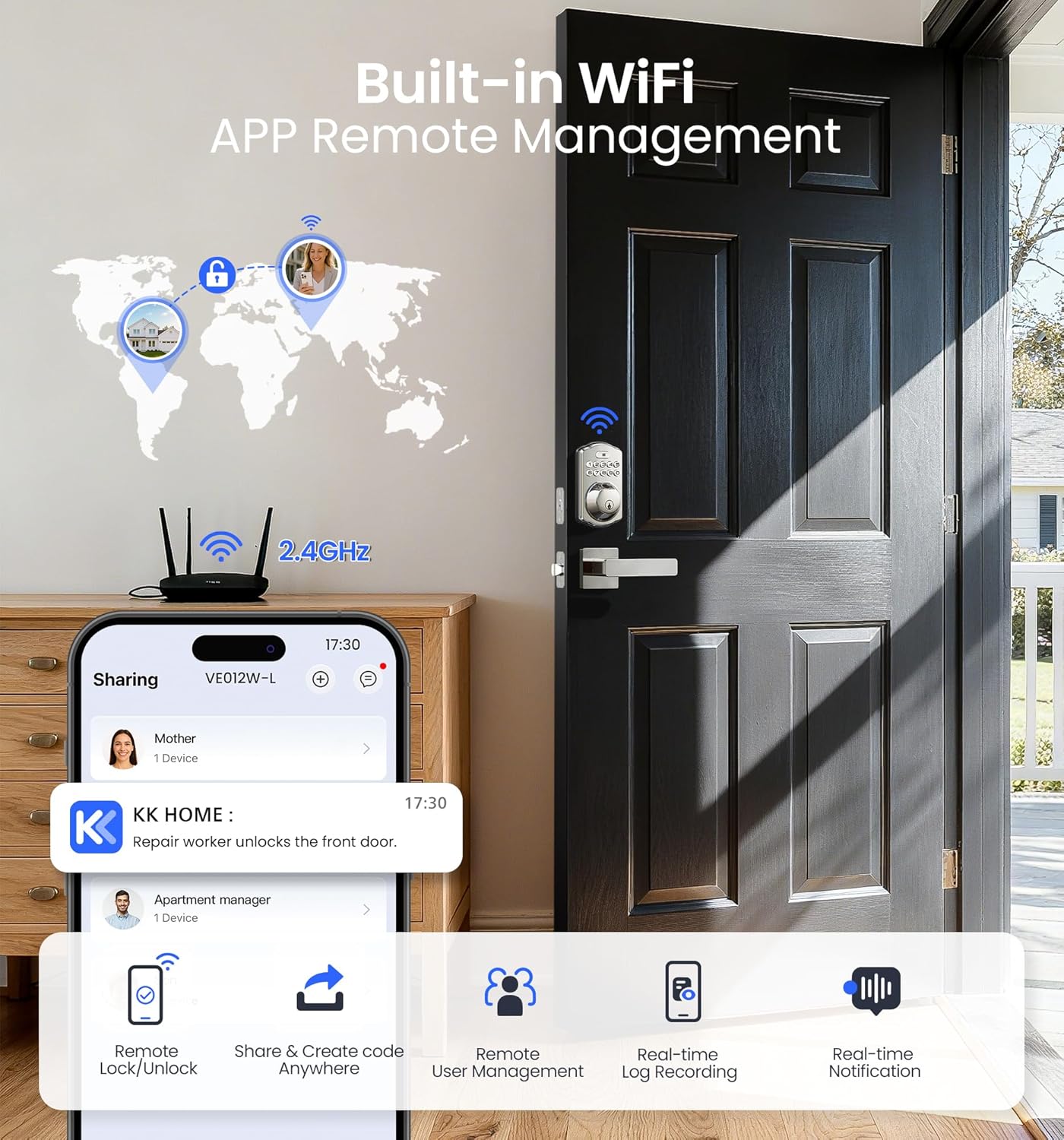 Veise VE012W-L Built-in Wi-Fi Fingerprint Smart Lock with Lever Handle Set, App Remote Control, Keyless Entry for Front Door, Deadbolt Digital Backlit Keypad, Voice Assistant, Auto Lock, Satin Nickel